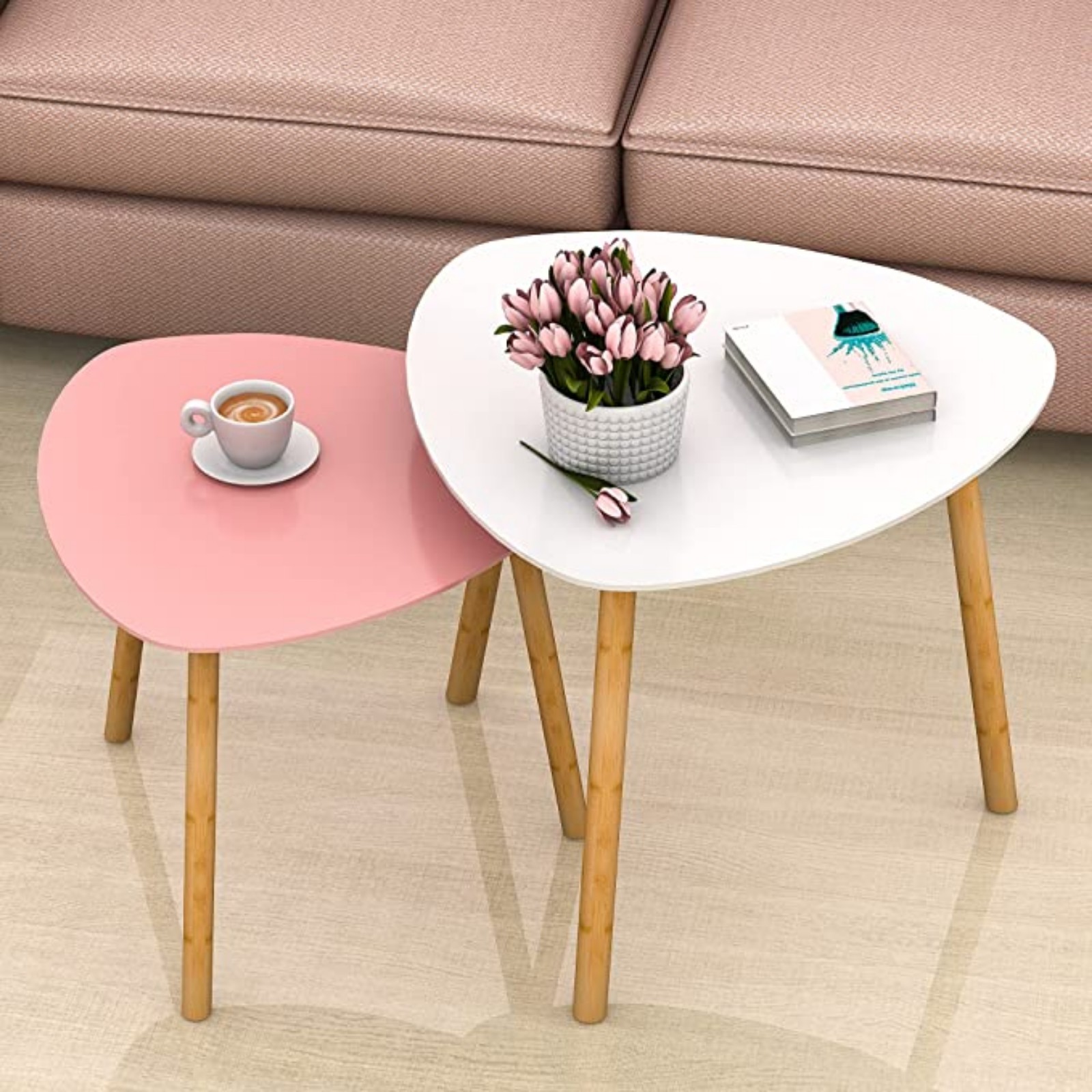Nesting Table Set of 2 Bamboo End Table for Living Room Side Table for Bedroom