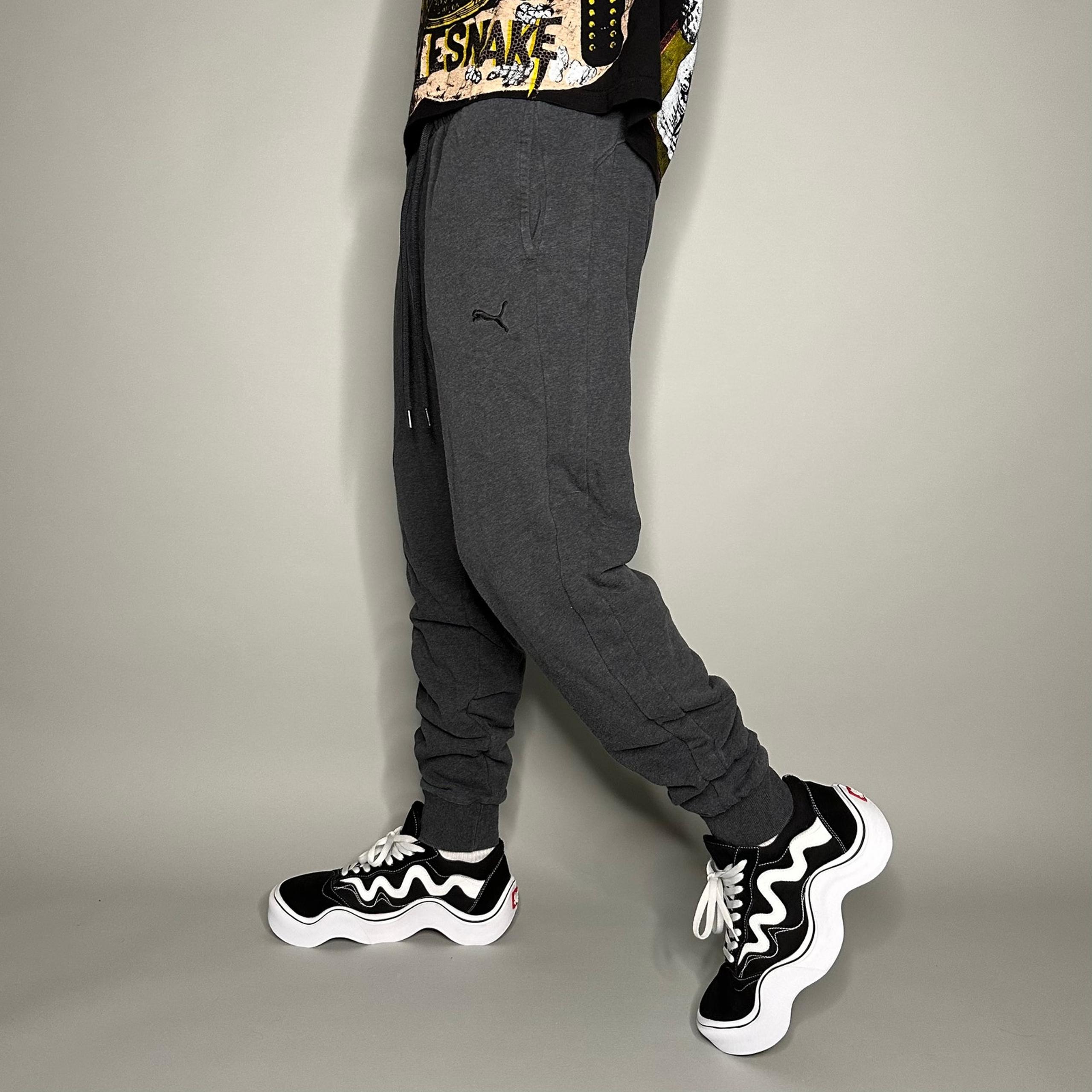 Puma Joggers Dark Grey Cotton Sweatpants Black Logo Elastic Cuffs