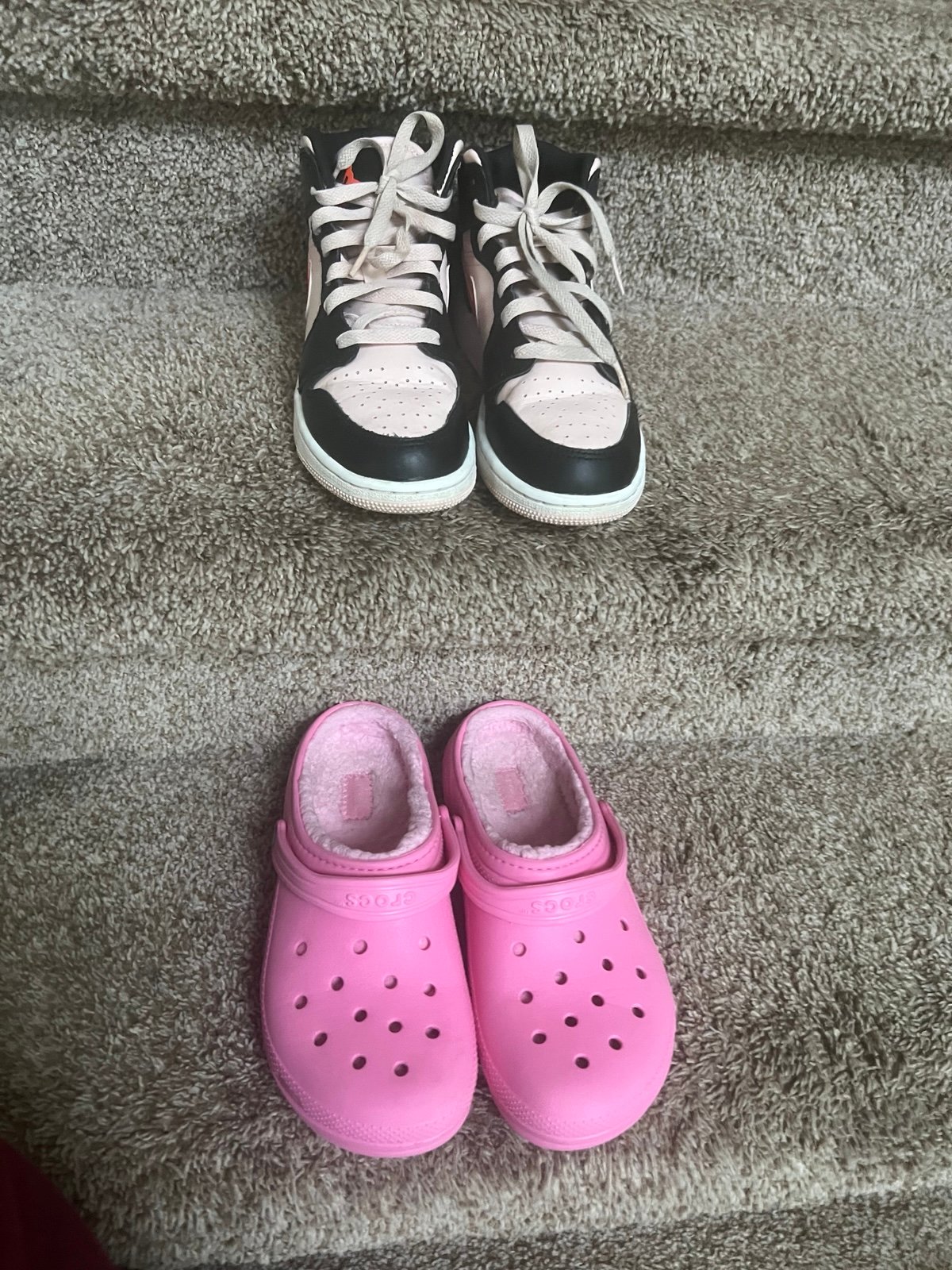 Jordan Black/White High-Top Kids Sneakers& Pink Crocs Clogs Lot . In very good c