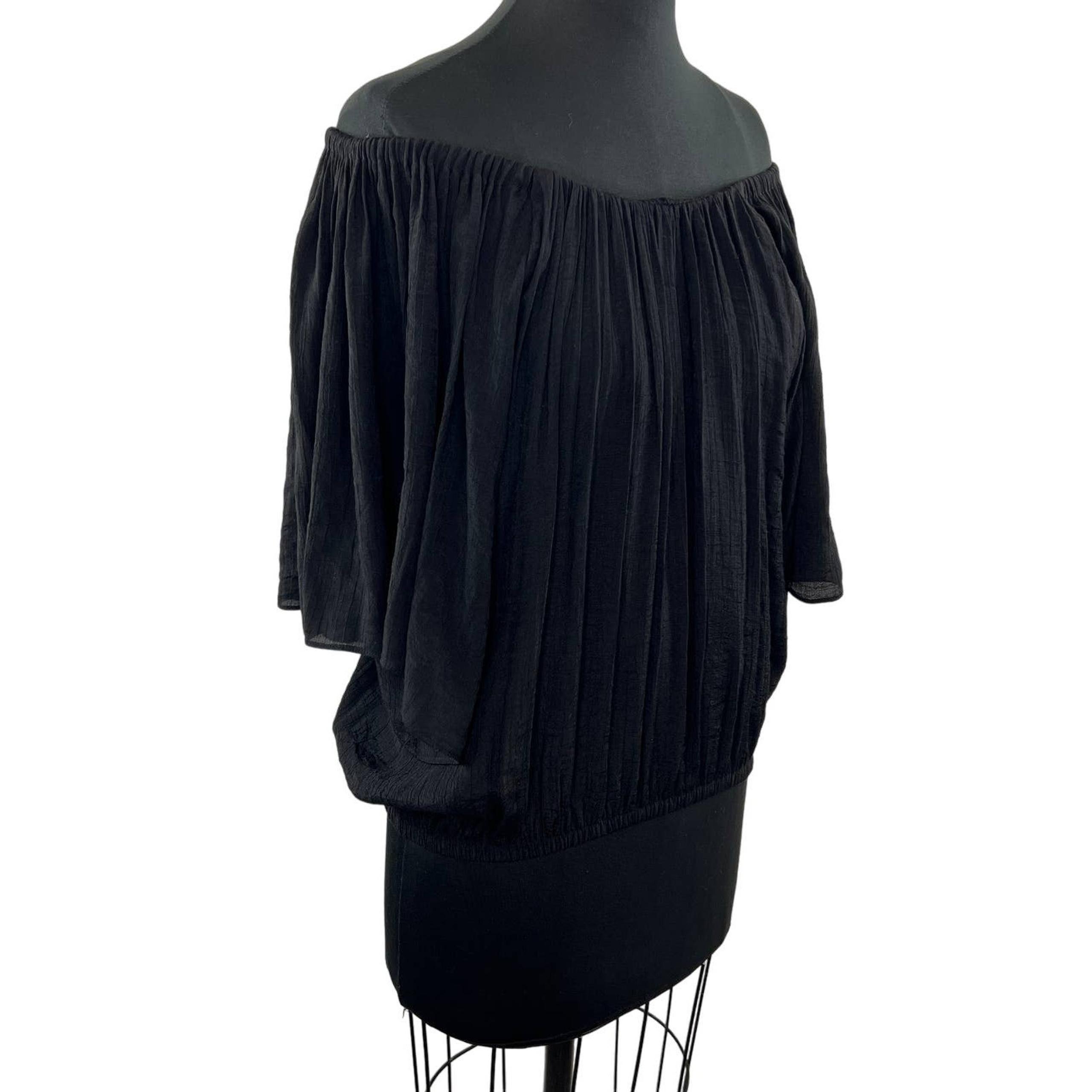 T-Bags Los Angeles Black Stretch Tencel Off-Shoulder Blouse Pleated Top Dolman S
