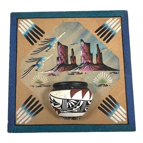 Vintage Navajo Valerie Lewis Sand Painting Monument Valley Pottery Kokopelli 12”