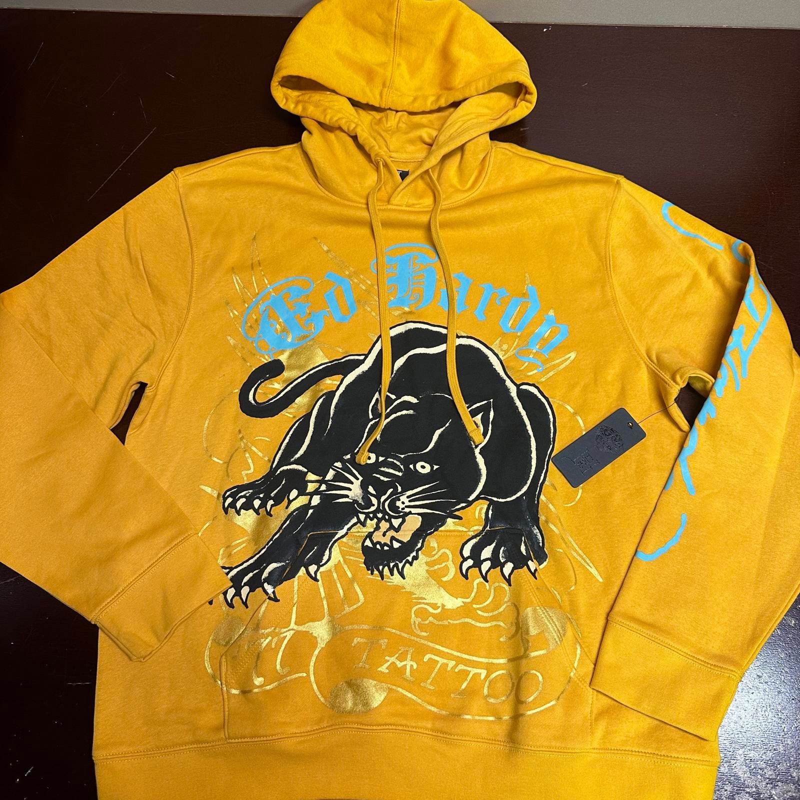 Ed Hardy Hoodie Yellow Graphic Crouching Panther with shorts Men's Size XL