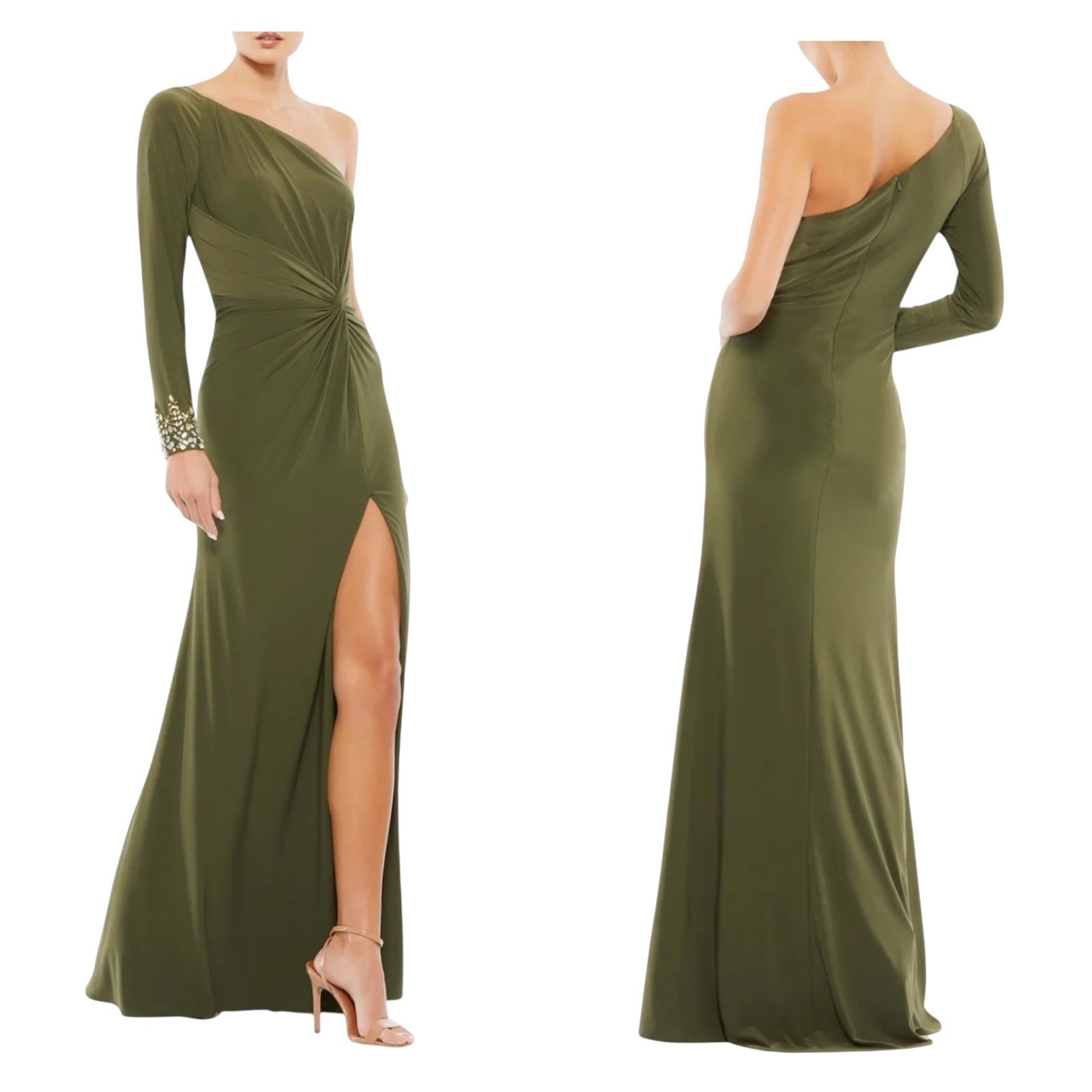 Mac Duggal New 55696 Green One Sleeve Beaded Cuff Side Twist Gown Size 12
