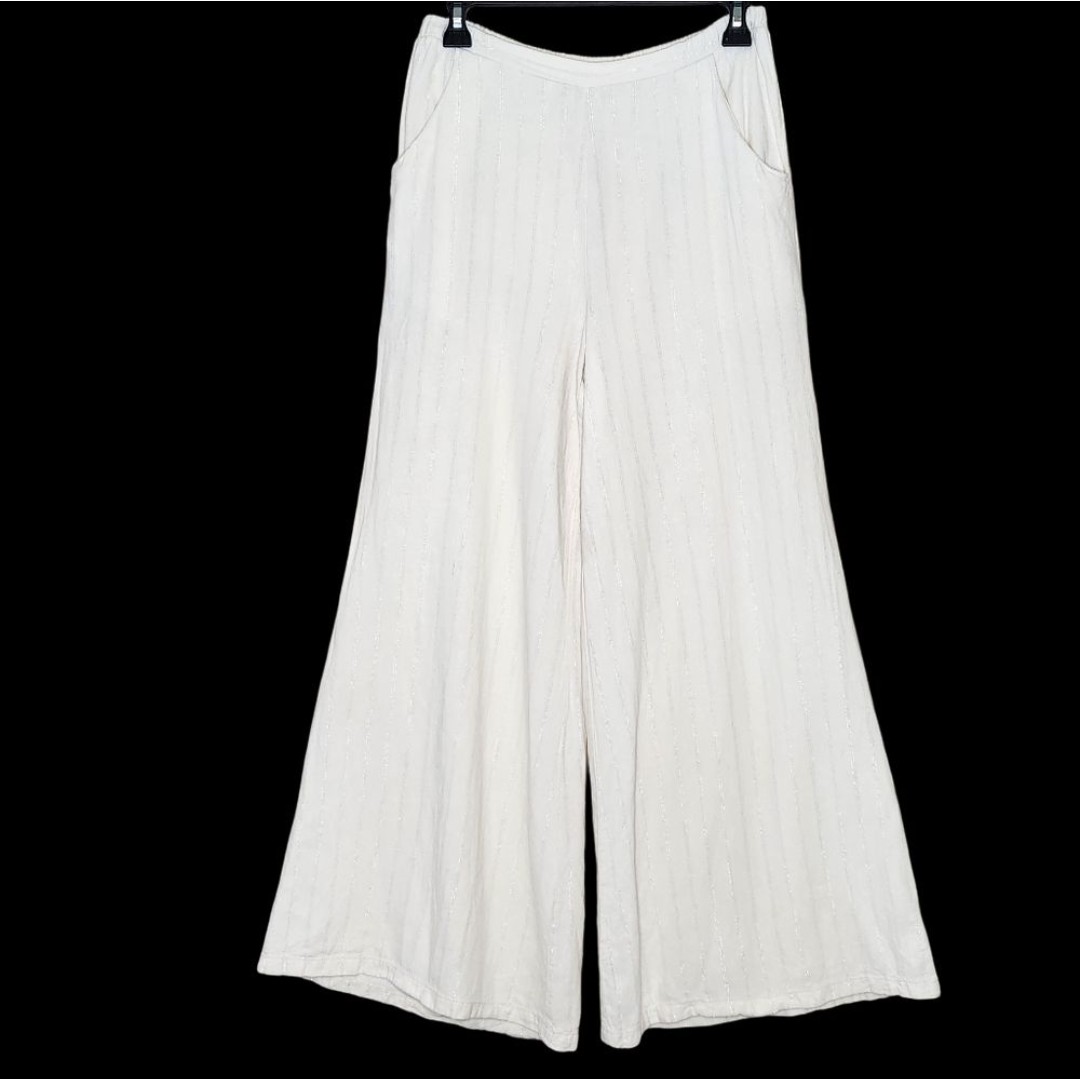 Porridge Linen Blend Wide Leg Palazzo Pants Cream Silver Pinstripes Women's S