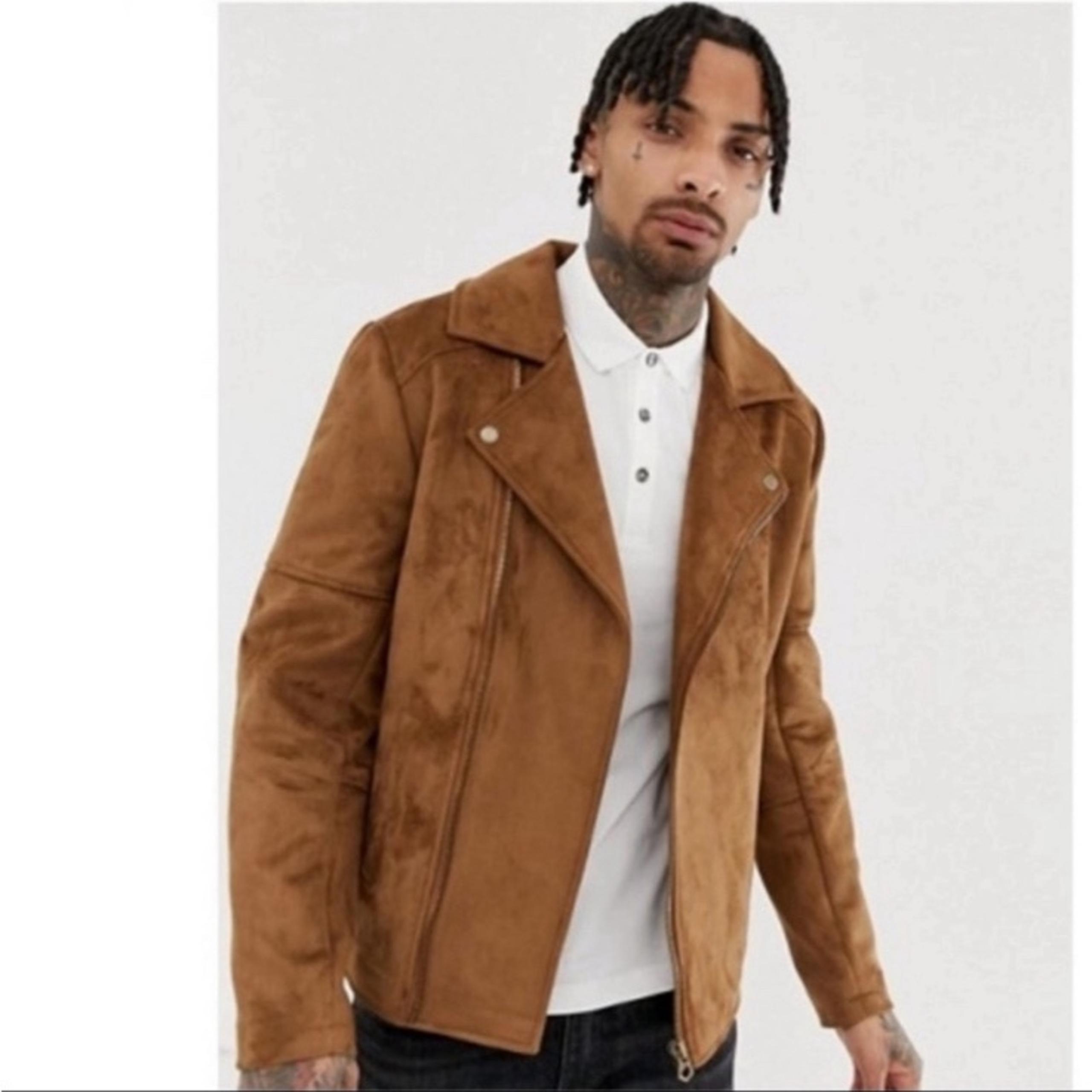 ASOS Men's Faux Suede Biker Moto Jacket Tan Size Medium