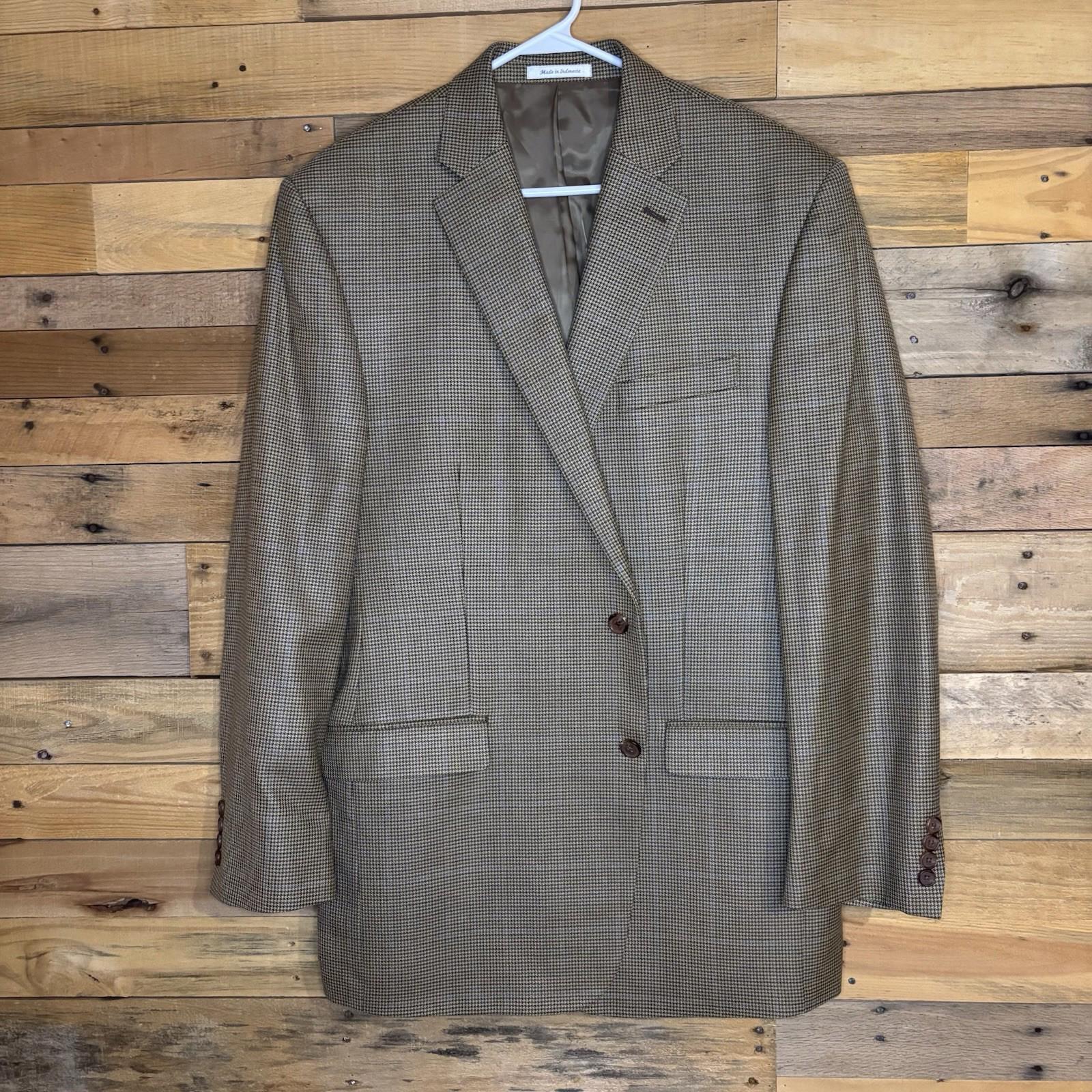Ralph Lauren 44L Sport Jacket Mens Brown Blue Silk Wool Blazer Houndstooth