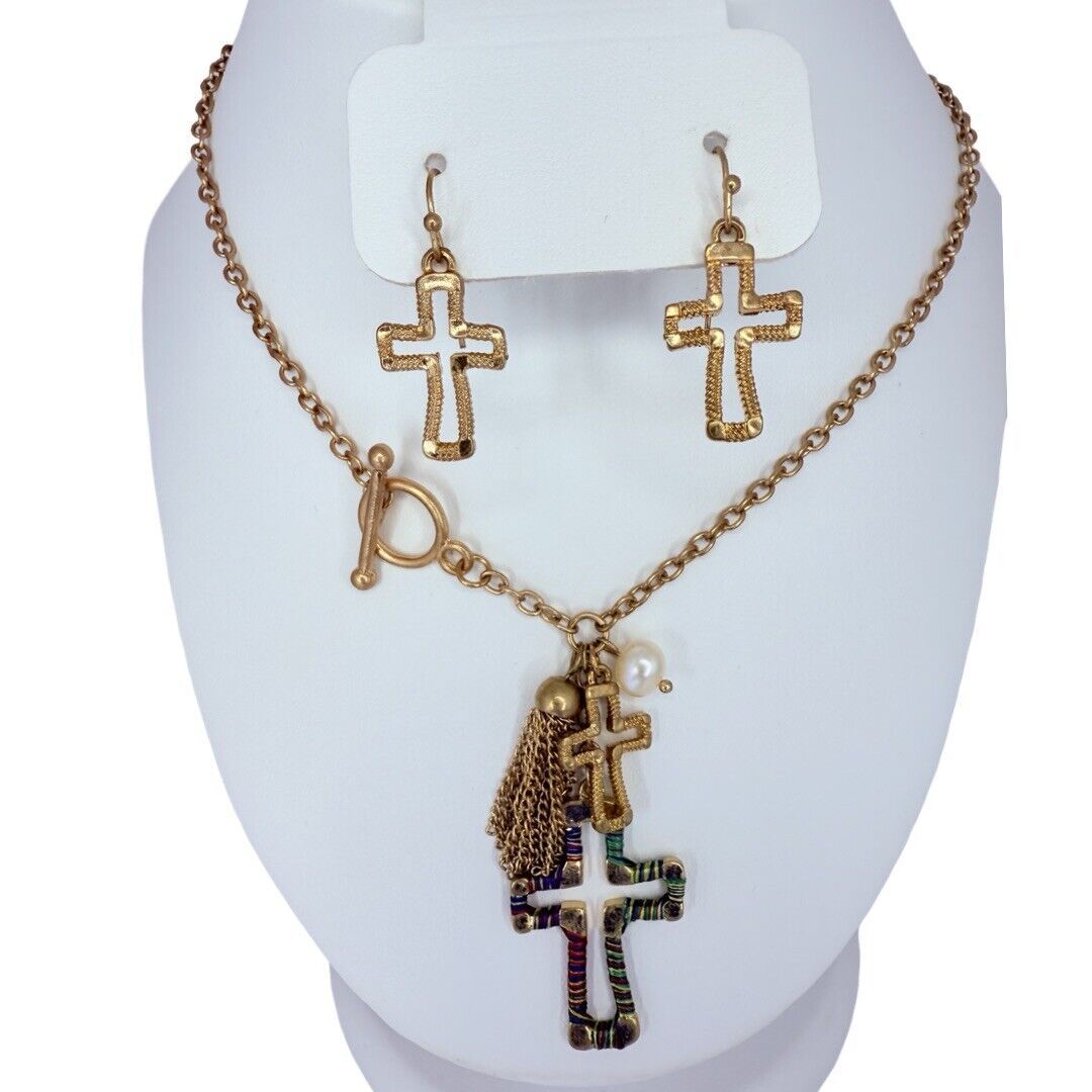Gold Tone Cross Charm Jewelry Set Necklace & Earrings Religious Jewelry Boho