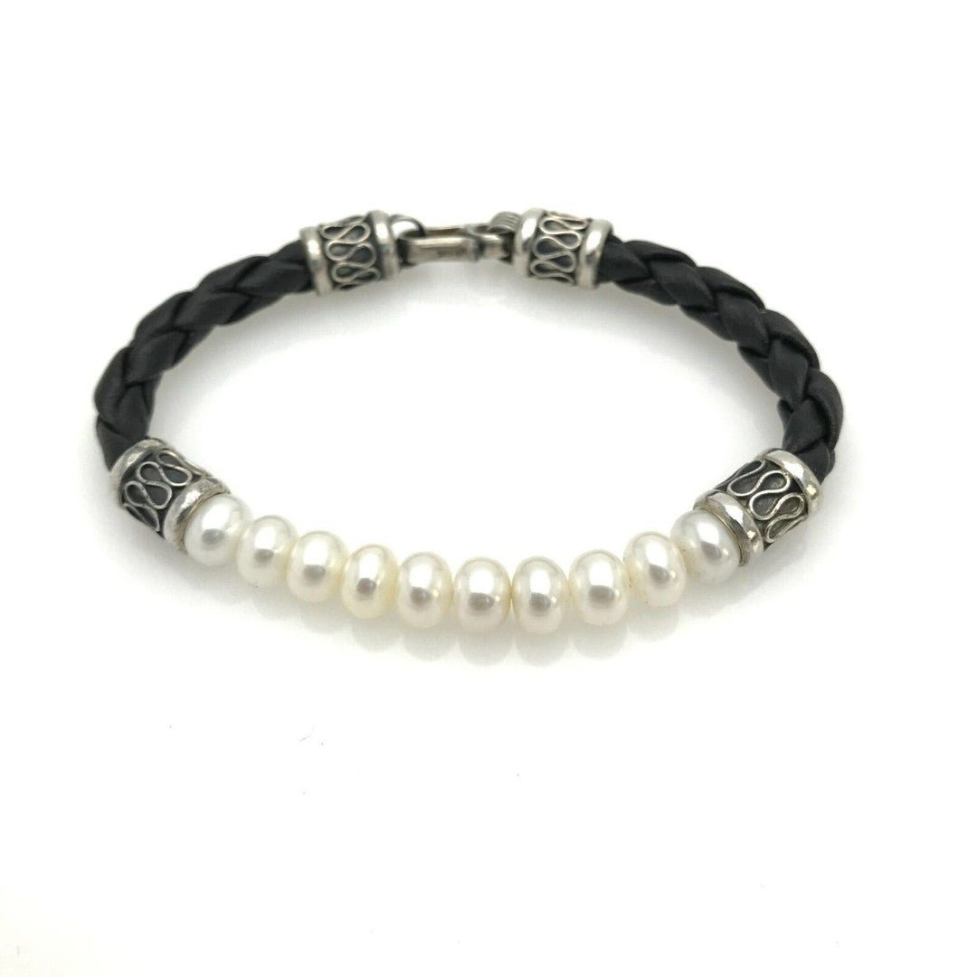 Braided Leather Sterling Silver Pearl Bracelet Unisex Stack Minty Condition