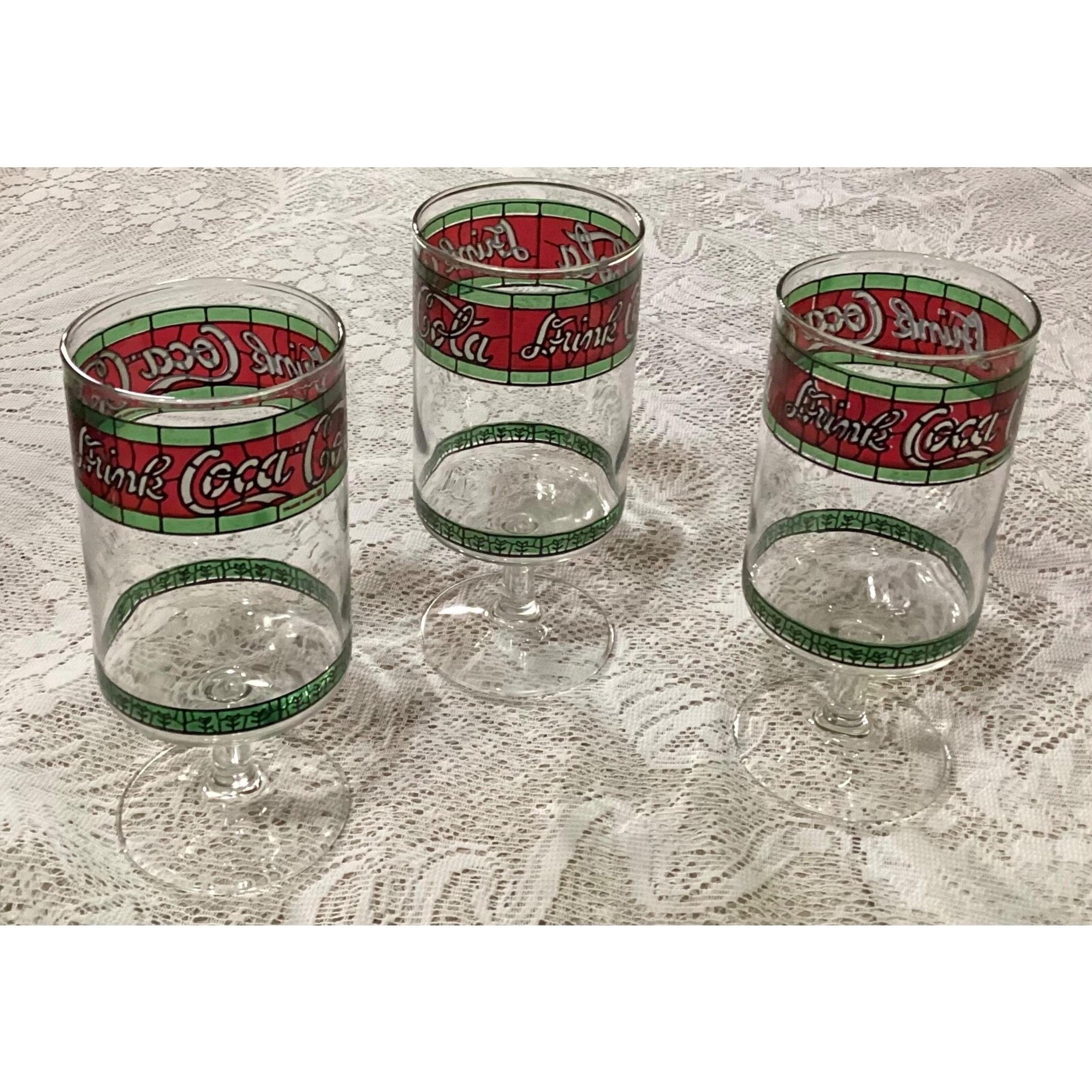 Coca Cola Collectibles Stained Glass Design Set of 3 Goblets Drinking Glasses