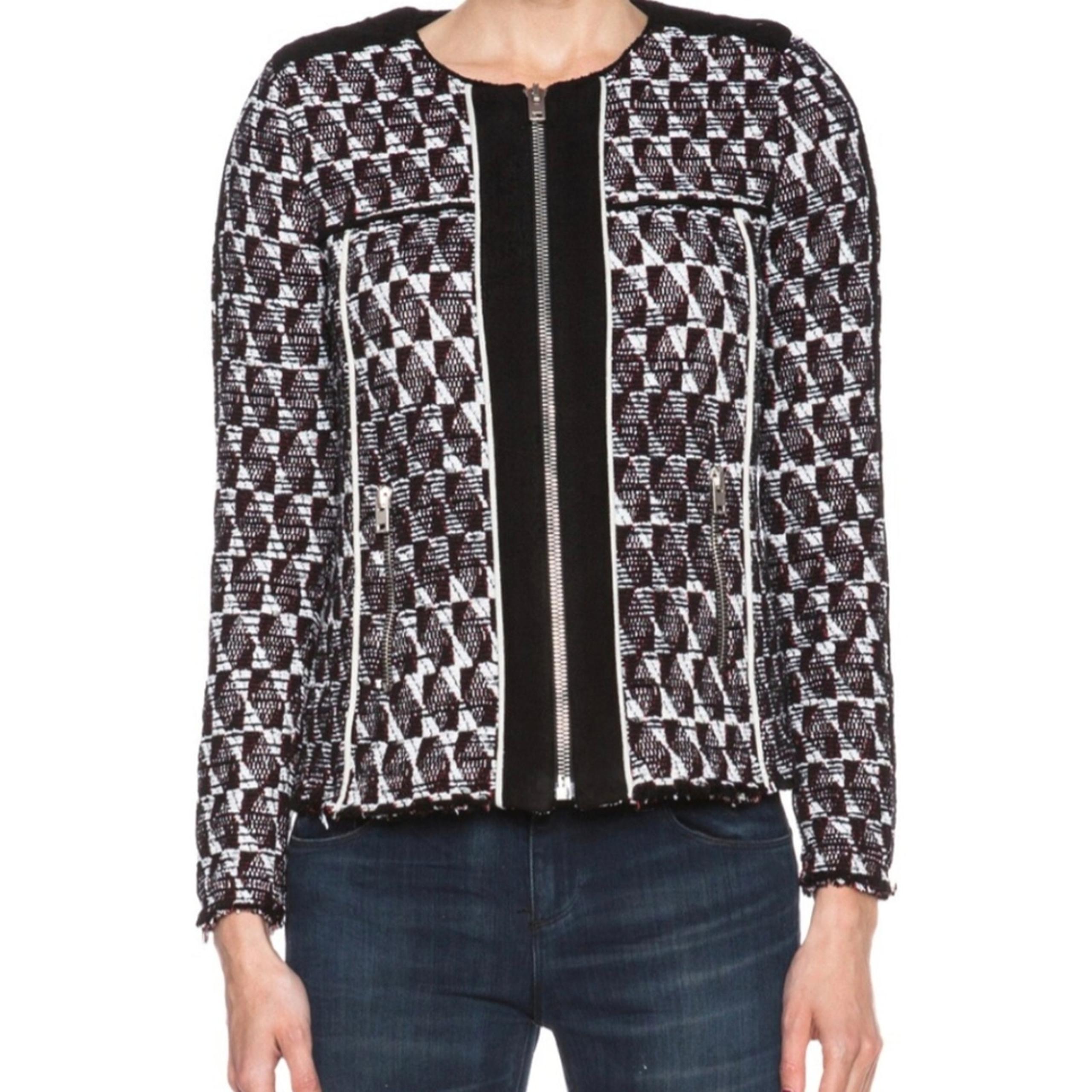 IRO Kamber Black White Red Tweed Knit Zipper Detail Leather Trim Moto Jacket