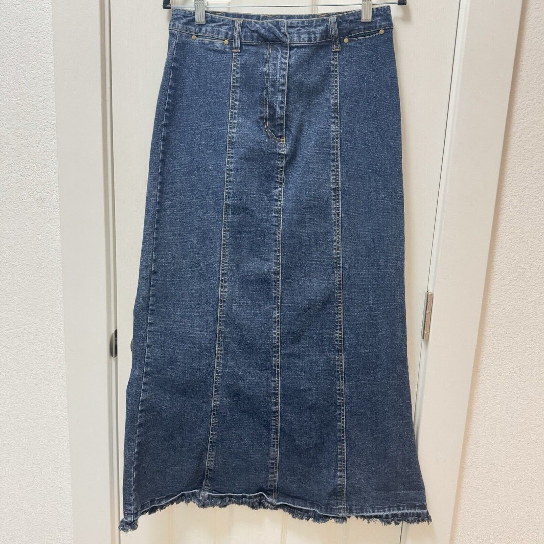 Y2K Live a Little Blue Jean Denim Maxi Circle Fringe Tulip Flare Skirt 10 Modest
