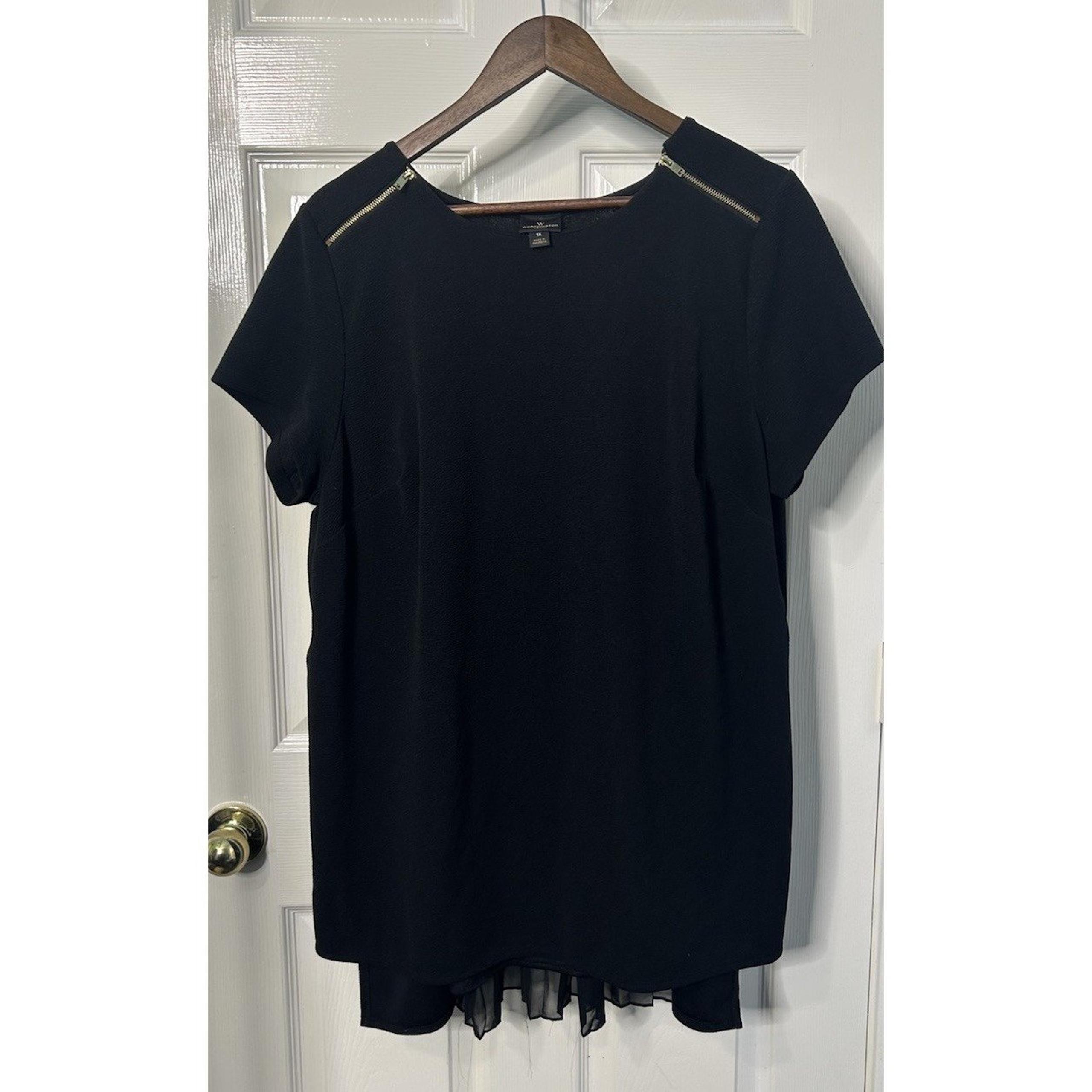 Worthington Women's Gold Zipper Shoulder High Low Ruffle Black Shirt Sz 1X