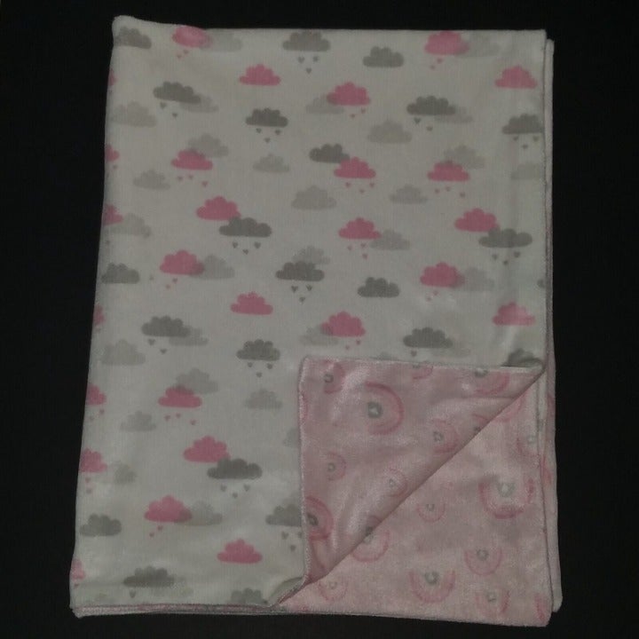 RN 31526 Pink Gray Rainbows Rain Clouds Fleece Baby Blanket Reversible Lovey