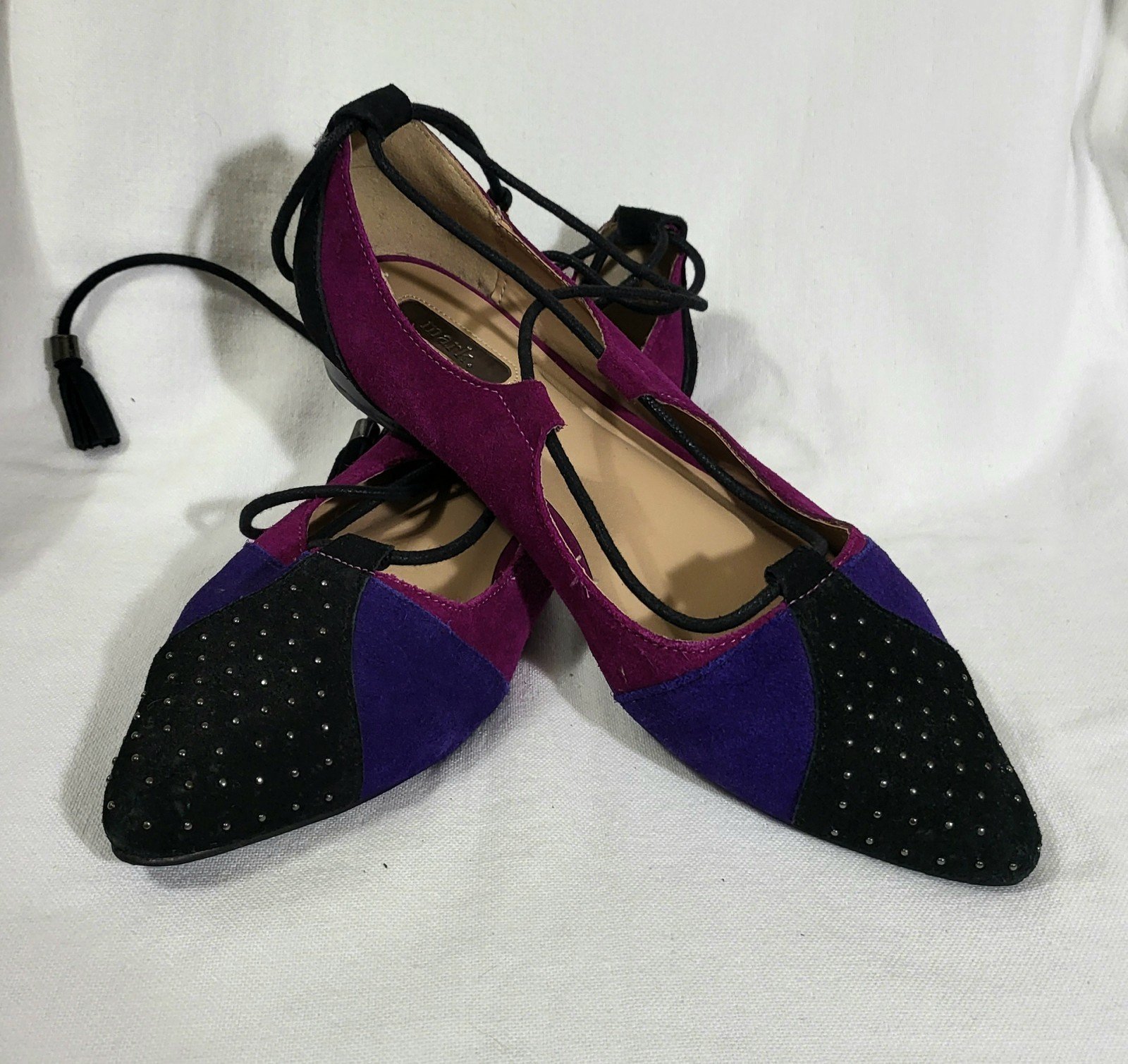Mark. Discontinued Blue Purple Genuine Suede Pointed Studded Gladiator Flats 10