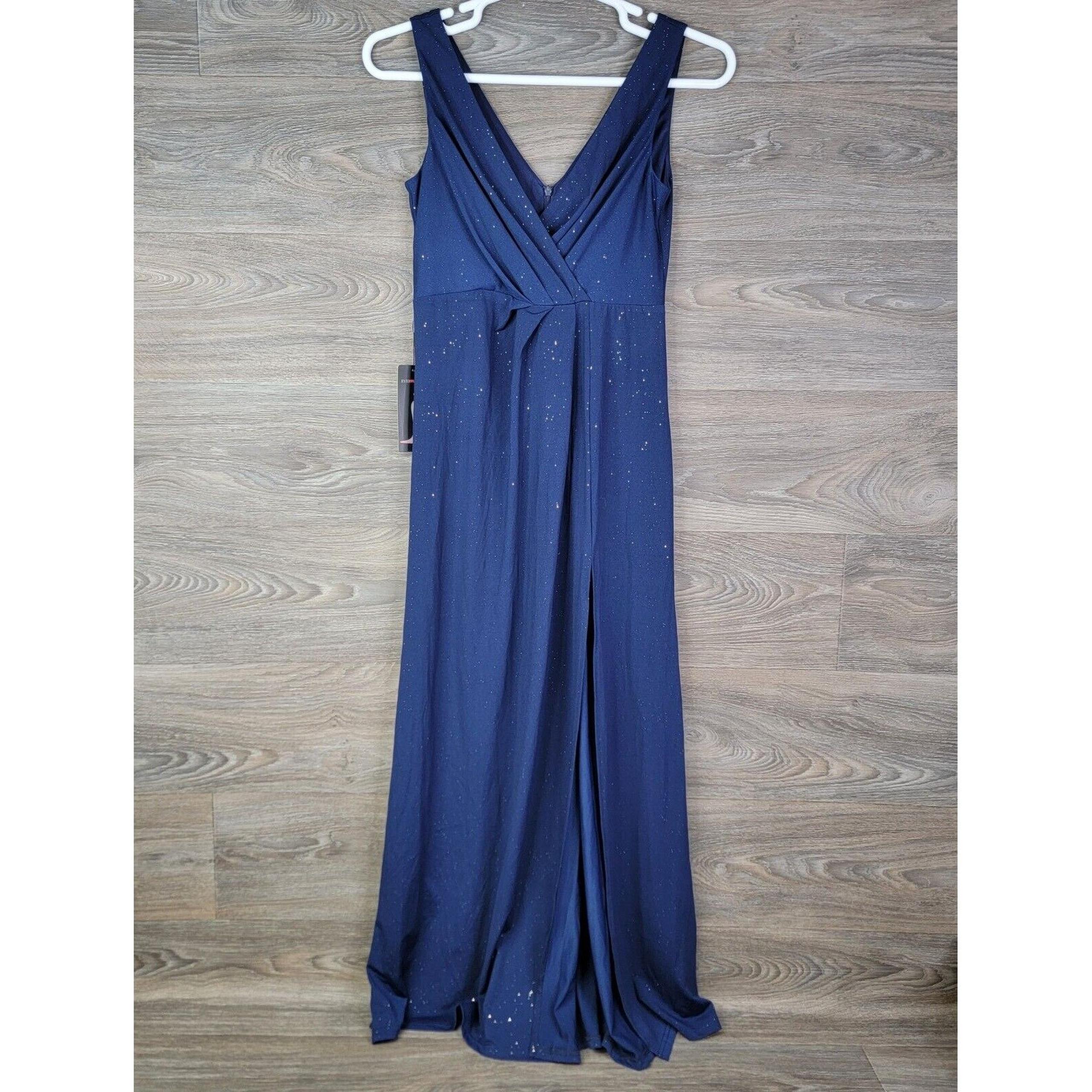 Ever Pretty Women's Dress Size Large 8 Blue Sleeveless Maxi Slit Glitter Deep V