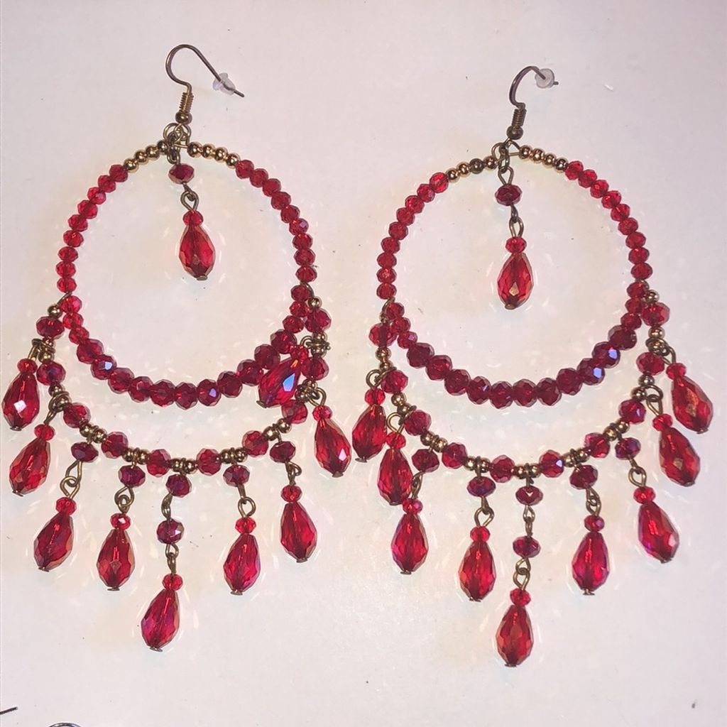 Huge Red Crystal AB Beads Gold Tone Dangling Boho Statement Pierced Earrings