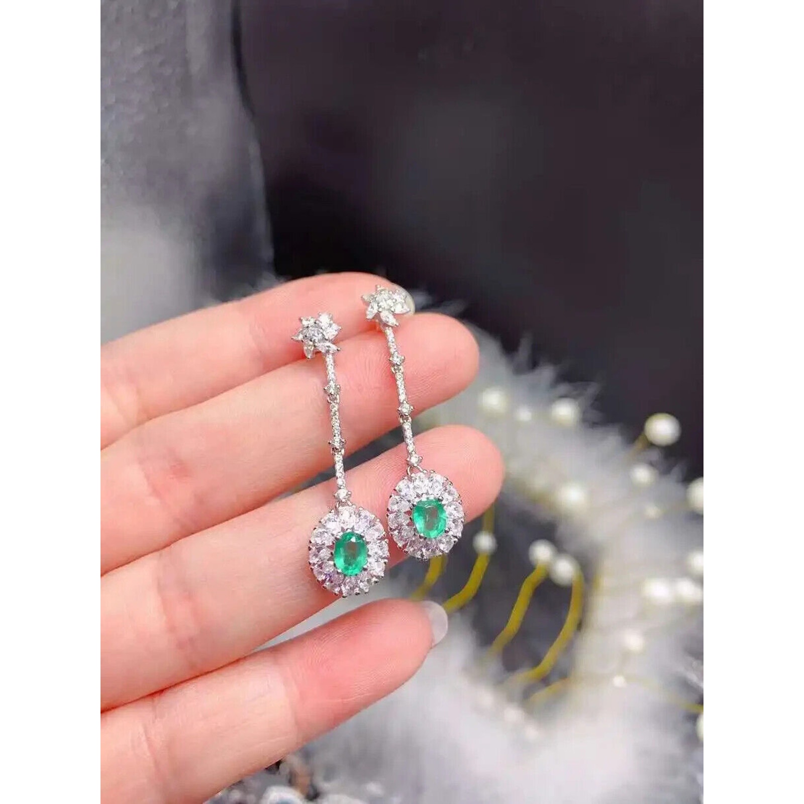 Colombian Emerald Long Dangle Earrings, Natural Emerald Dangle Earrings