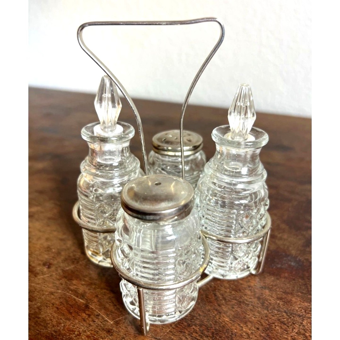 Vintage Cruet Crystal Glass Metal Oil / Vinegar Salt / Pepper Shaker Dining Set