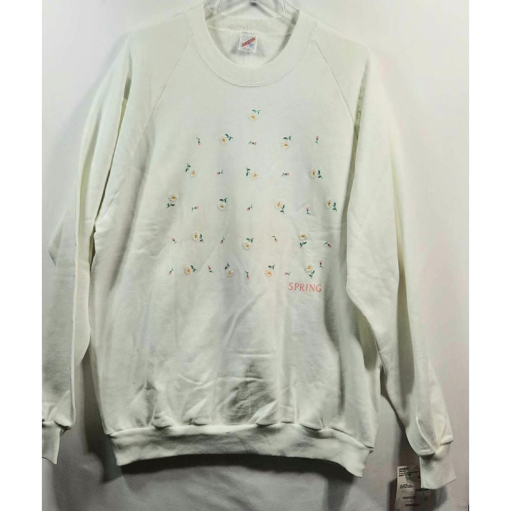 Jerzees Vintage Spring Floral Embroidered Sweatshirt White Crewneck USA Size XXL