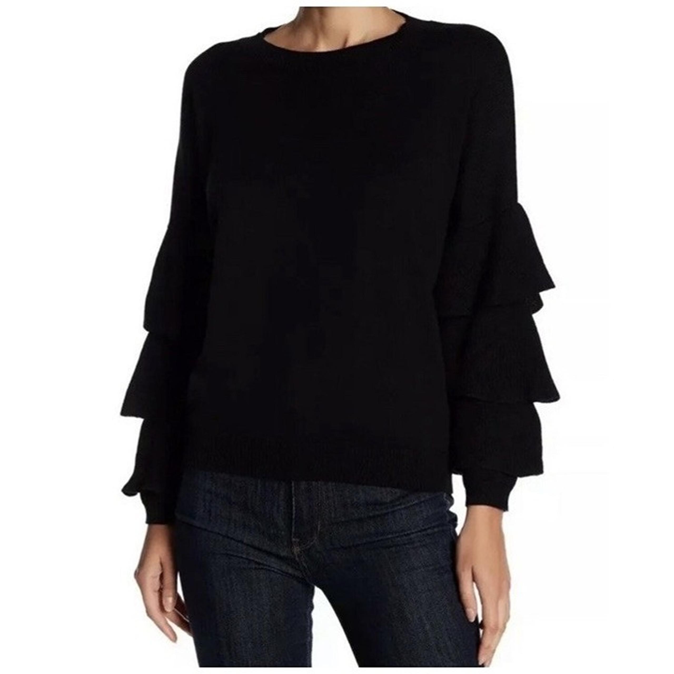 John + Jenn Black Knit Ruffle Sleeve Sweater Wool Blend Classic Preppy Size XS