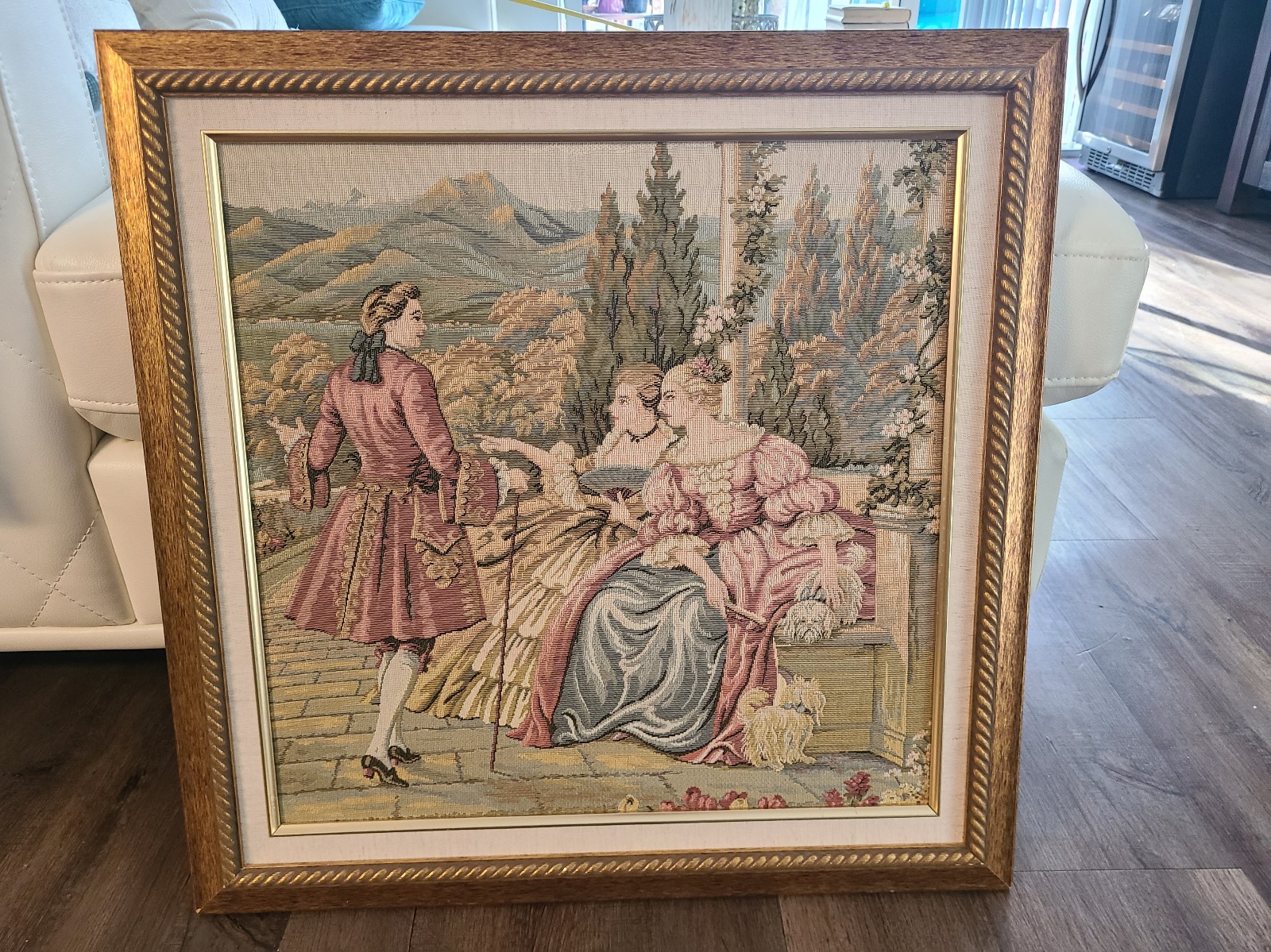 Baroque Old French Scene Countryside Woven Large Gobelin Tapestry, Framed