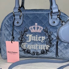 NEW! NWT JUICY COUTURE Royal Moment Velour Quilted Bowler Bag Slate Blue