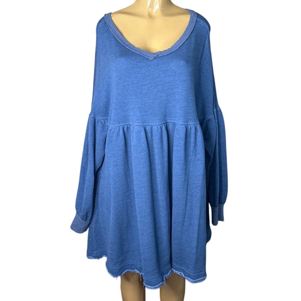 Free People Prudence Pullover Babydoll Sweatshirt Tunic Blue Size Large
