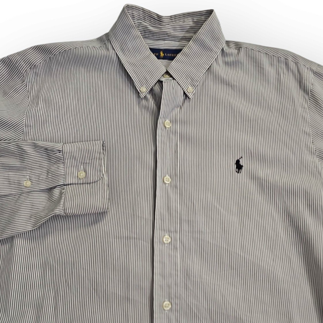 Ralph Lauren Mens Large Black and White Vertical Striped Shirt w Pony Logo
