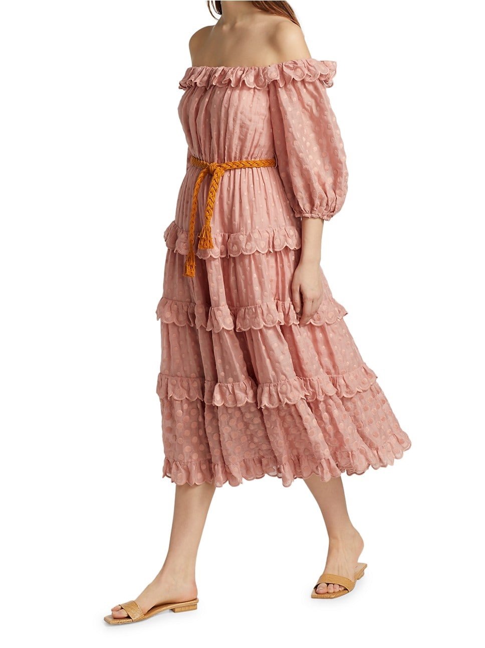 ZIMMERMANN Mae Pink Polka Dot Print Off Shoulder Ruffle Belt Dress. AU 1/US 6.