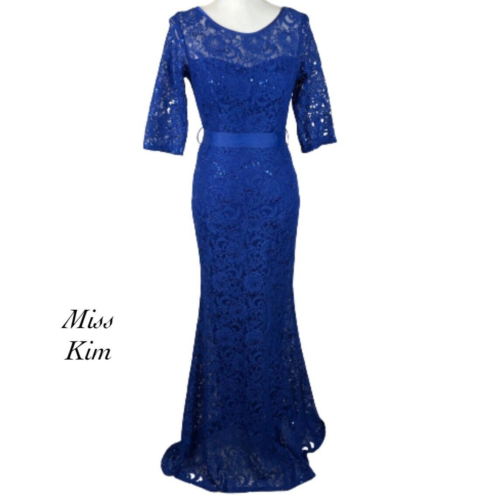 Miss Kim Blue Lace Sequin Belt Waist Mermaid Evening Gown Prom Dress NWOT Size S