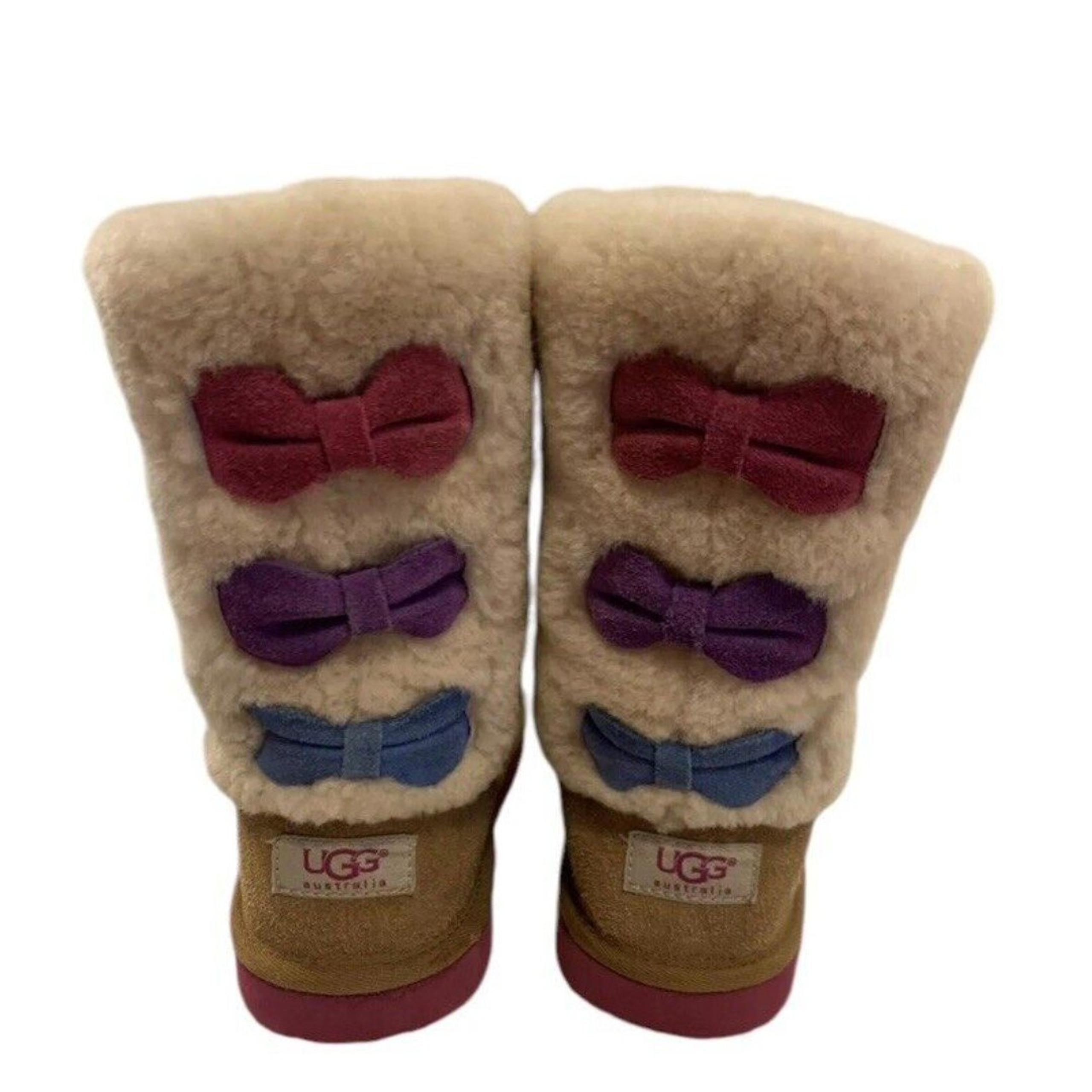 Ugg Australia Malena Boot Girls Size 4 Brown Brand Purple Blue Bow 1005397K