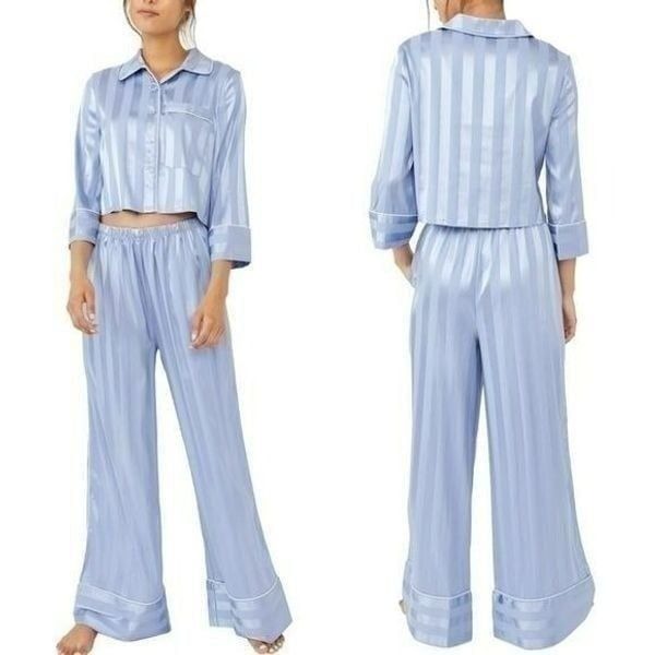 NEW Women's - Size S - Pajama Party Print Pajamas Set FREE PEOPLE Wide Leg Blue