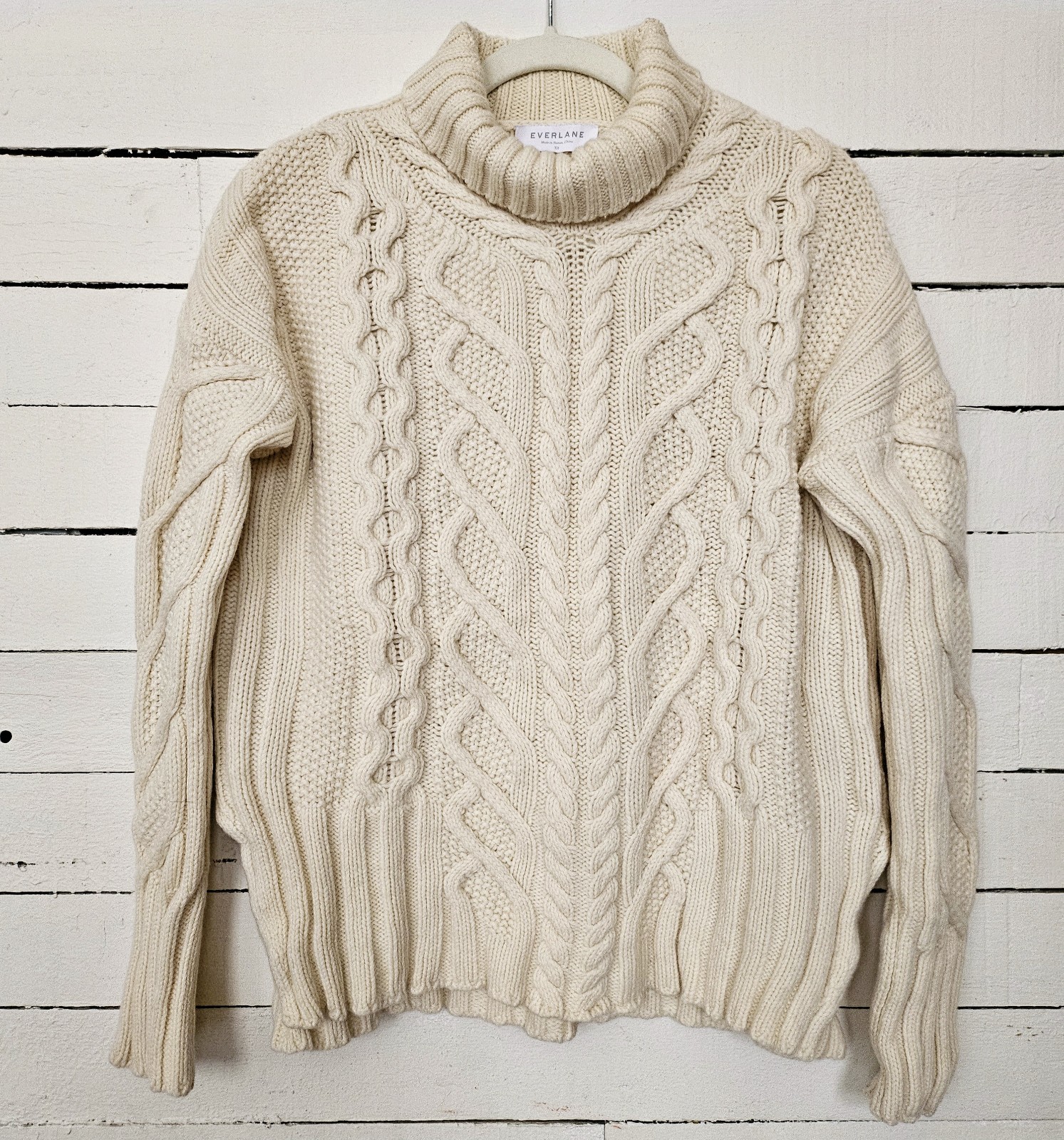 Everlane Wool Cashmere Cable Knit Fisherman Cream Ivory Turtle Neck Sweater XS