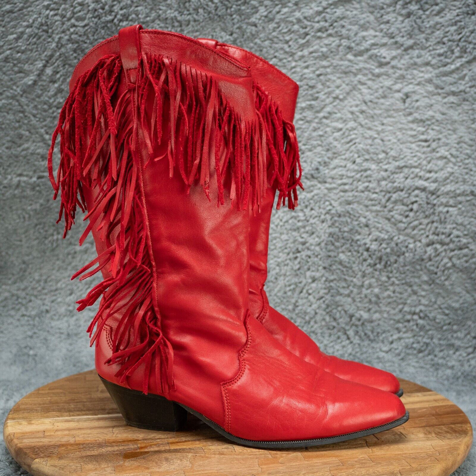 Leather Cowgirl Boots VTG 70s Dingo Cherry Red Sheen Fringe Soft Lining Sz 7.5