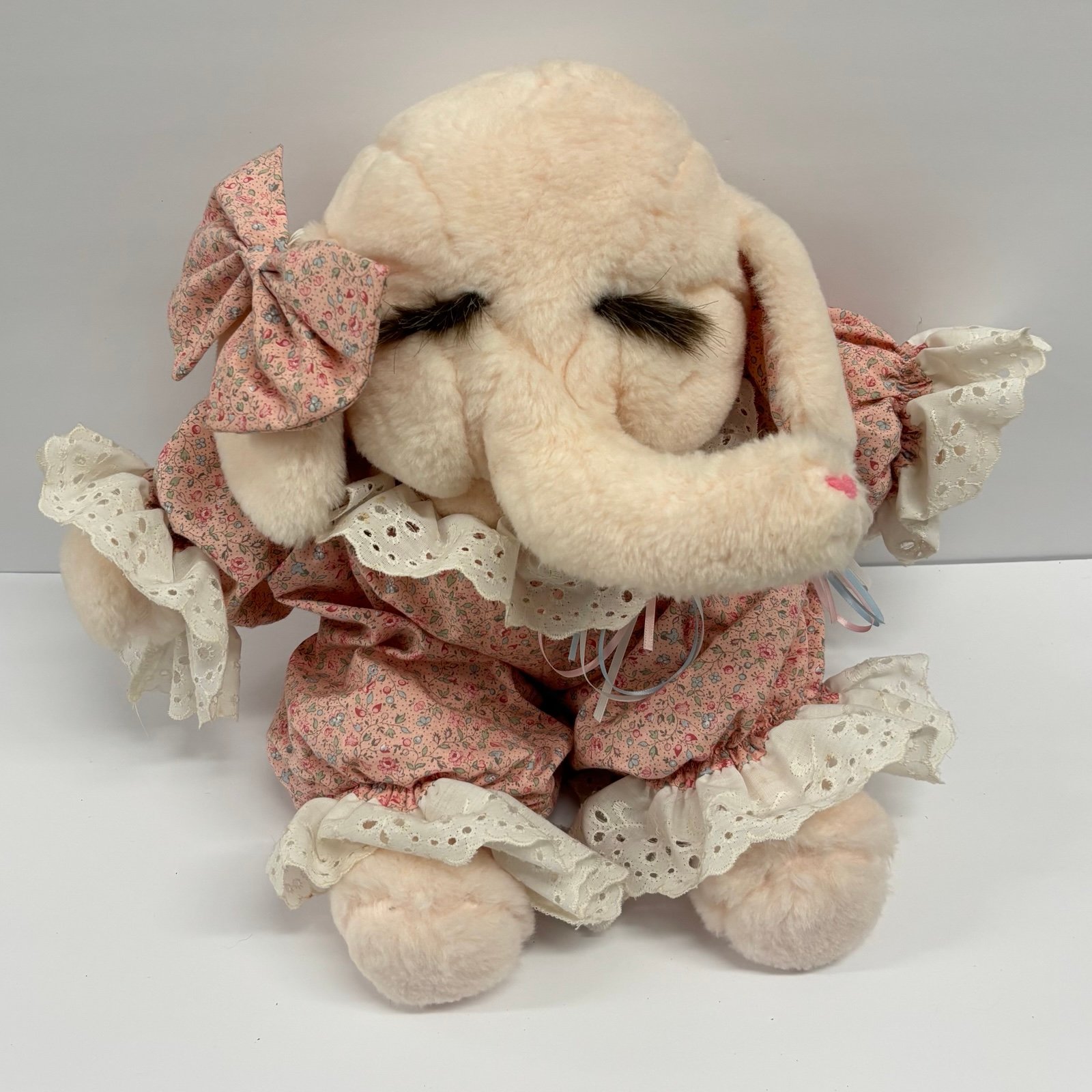 Vintage Ms. Noah Plush Pink Elephant With Floral Outfit, STILL HAS TAGS!
