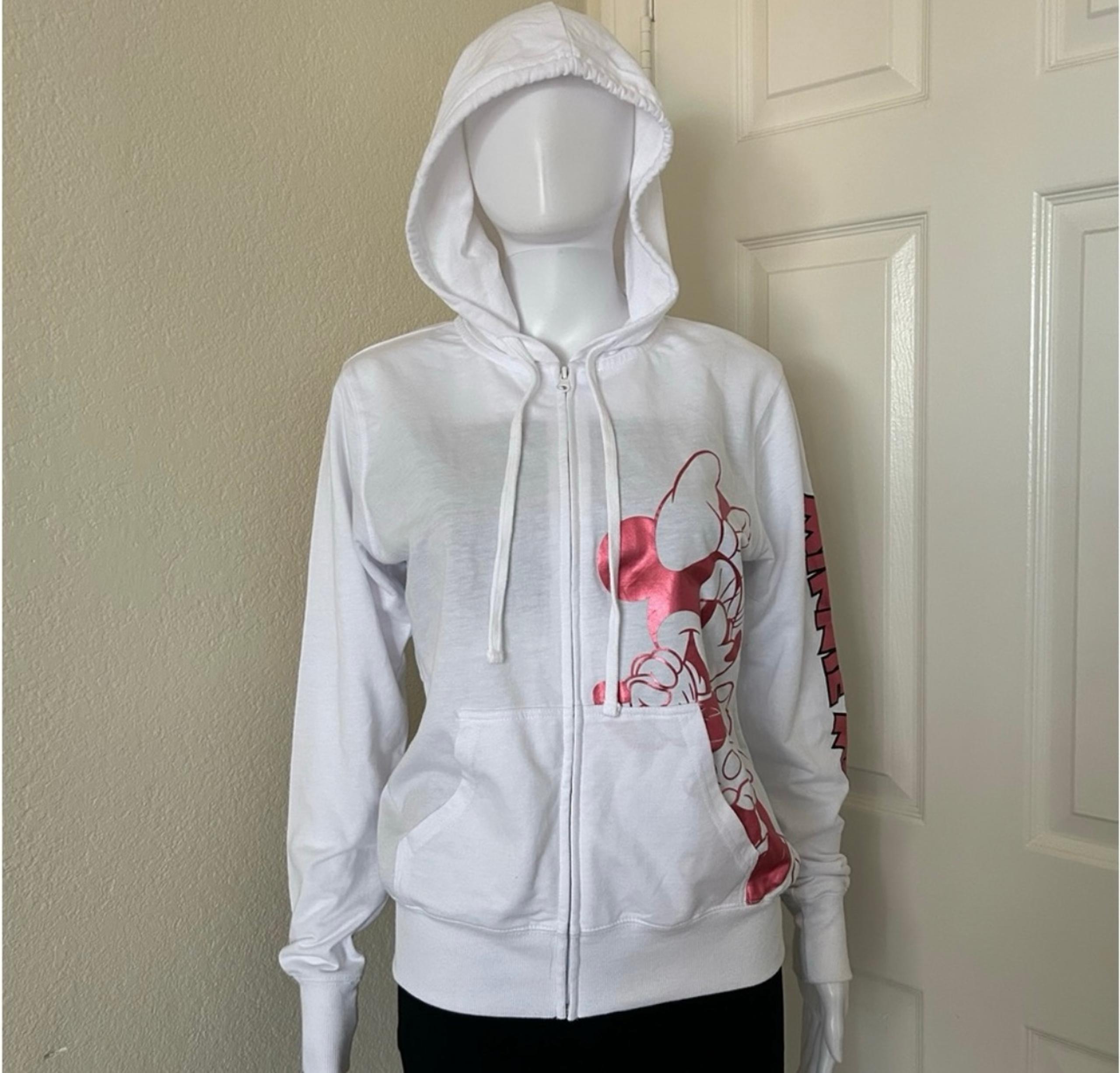 Disney Minnie Mouse Juniors white pink foil front zip long sleeve Hoodie M (7-9)