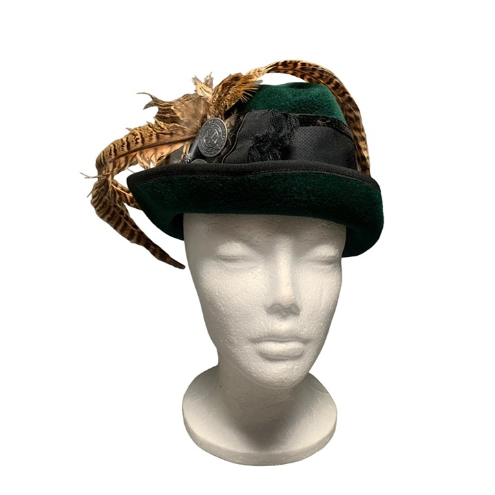 Tyrolean Green Felt Fedora Hat With Feather & Button Accents Size 22