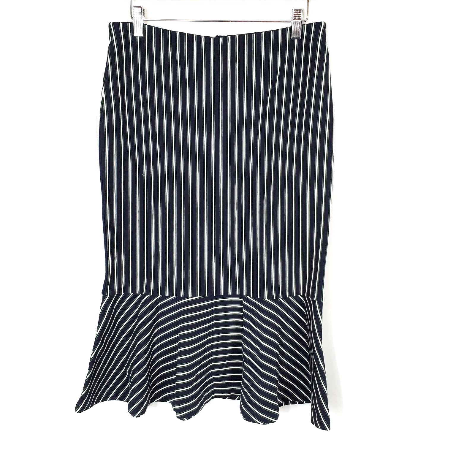 Ann Taylor Blue Green White Striped Flounce Midi Skirt Women's Size Medium
