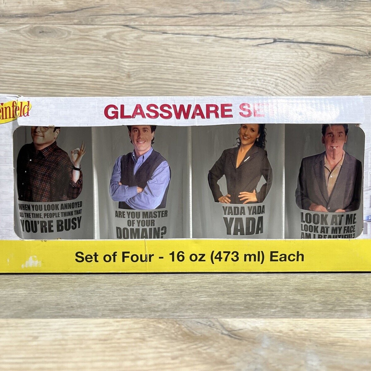 SEINFELD Glassware Set of 4 in Display Box Silver Buffalo 16oz Cups DAMAGED Box