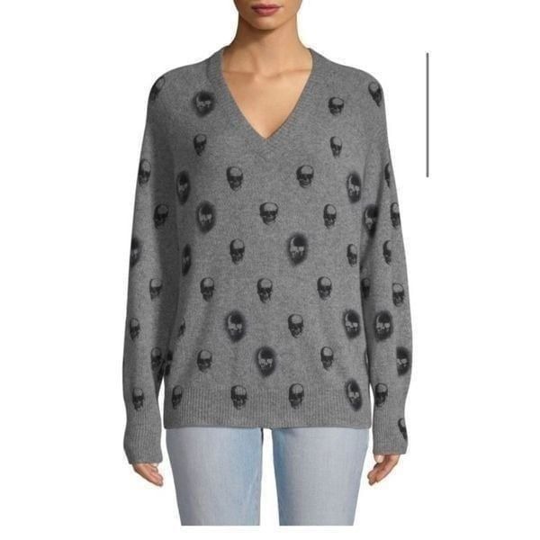 360 Cashmere Skull Cashmere Riley Skull-Print Gray Cashmere Sweater size small 1