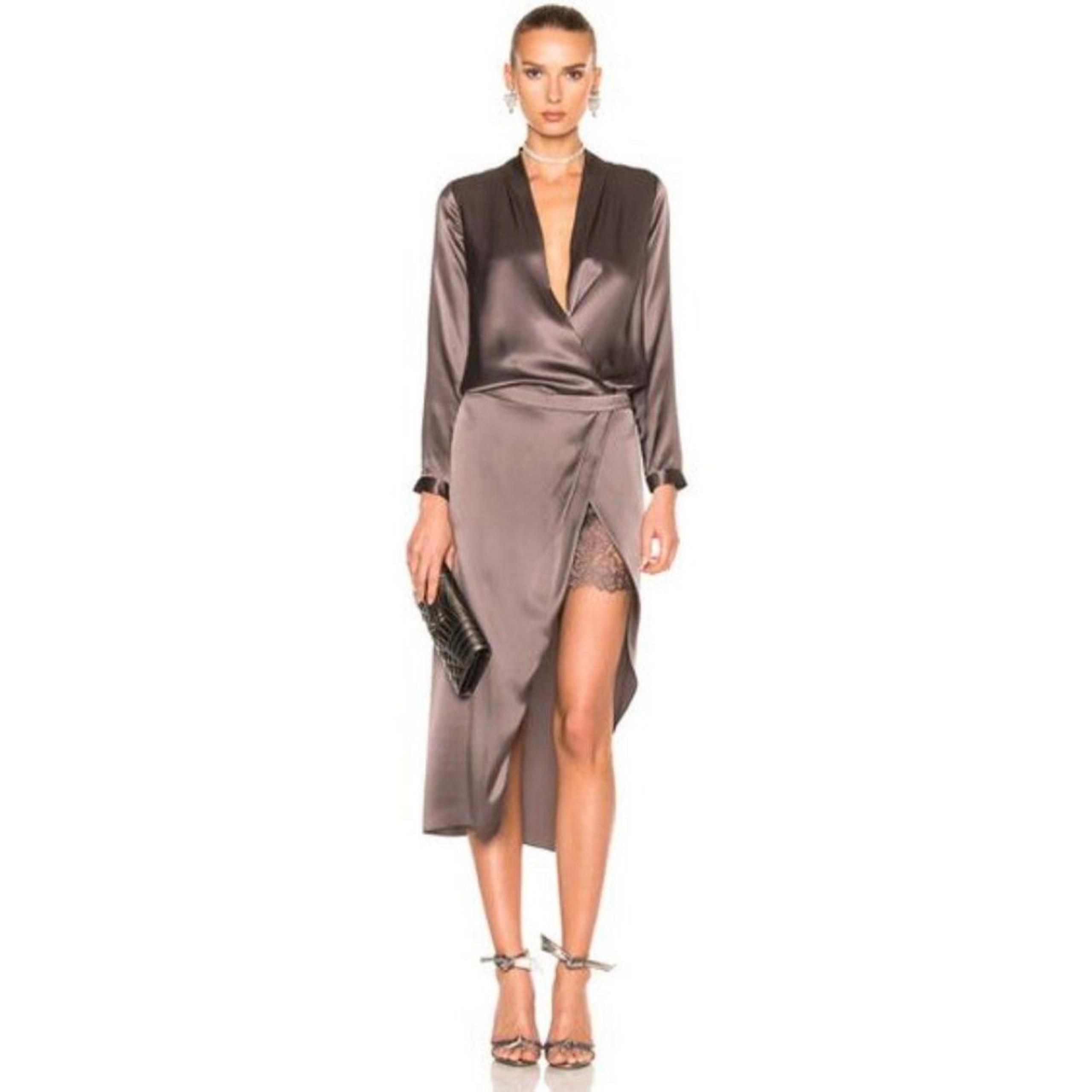 Michelle Mason Charcoal Grey Wrap-effect Lace-trimmed Silk Midi Dress