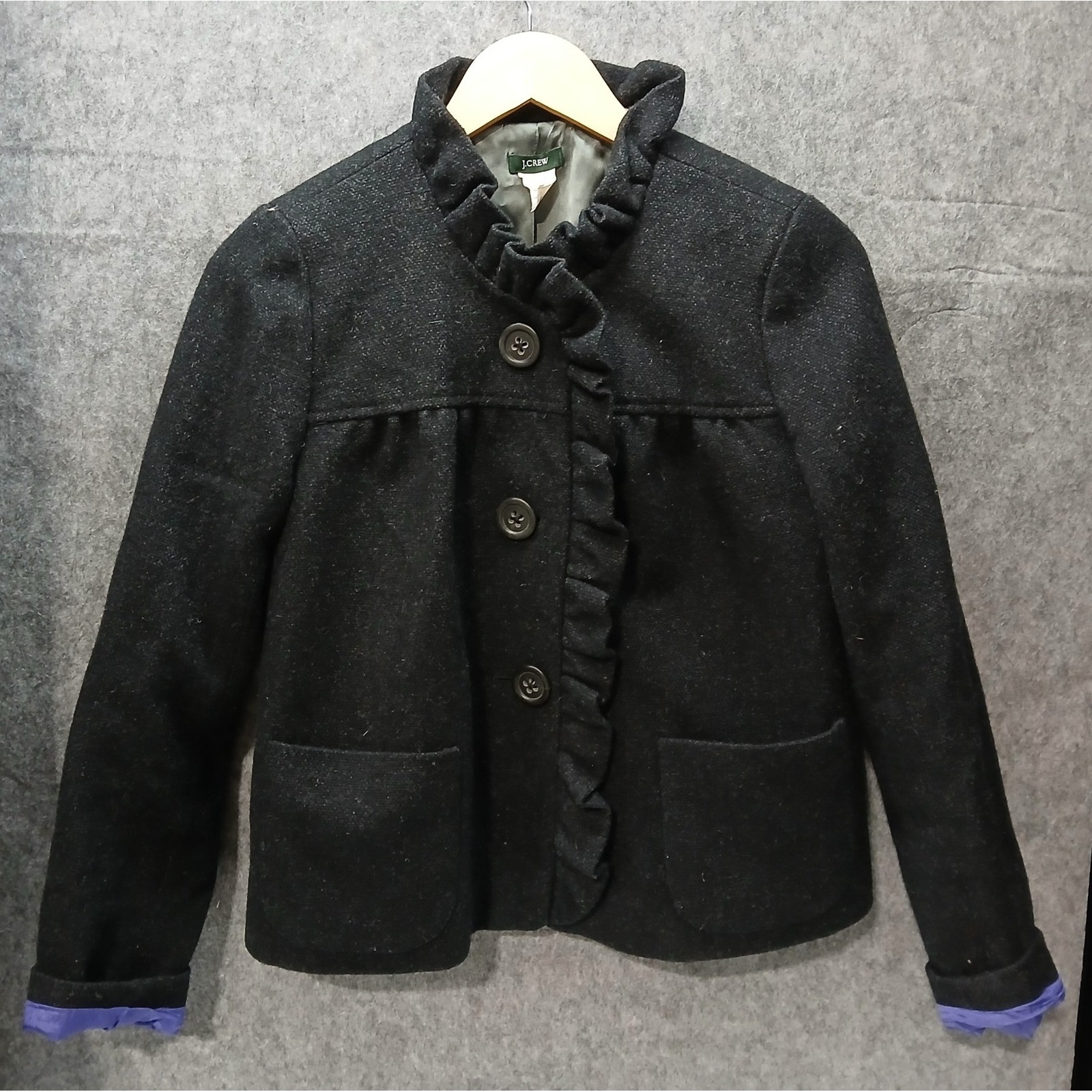 J.Crew 100 percent Wool Jacket Coat Women's Size 4 Black Ruffle Trim