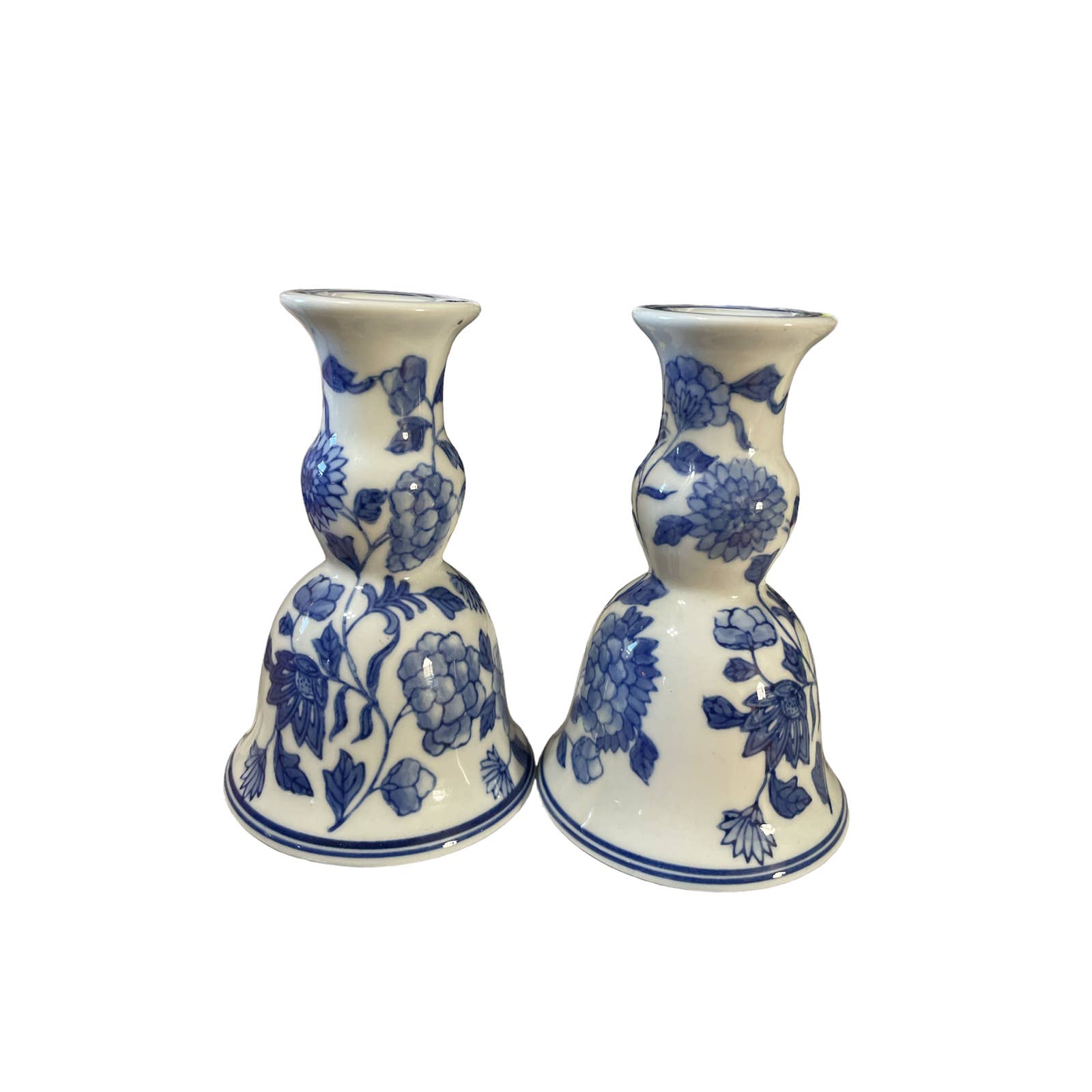 Vintage Blue White Transfer Ware Pair Of Candlesticks 6”Floral Decor