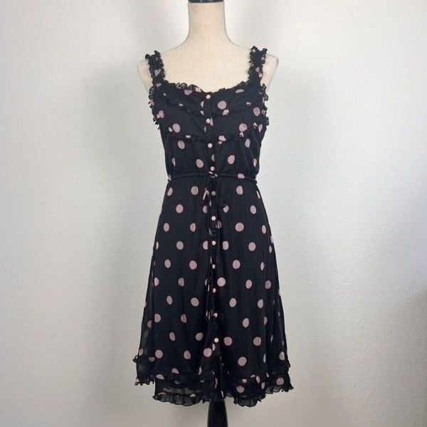 Johnny M Black & Pink Retro Pin-up Polkadot Dress Sleeveless Midi Ruffled Sz 11