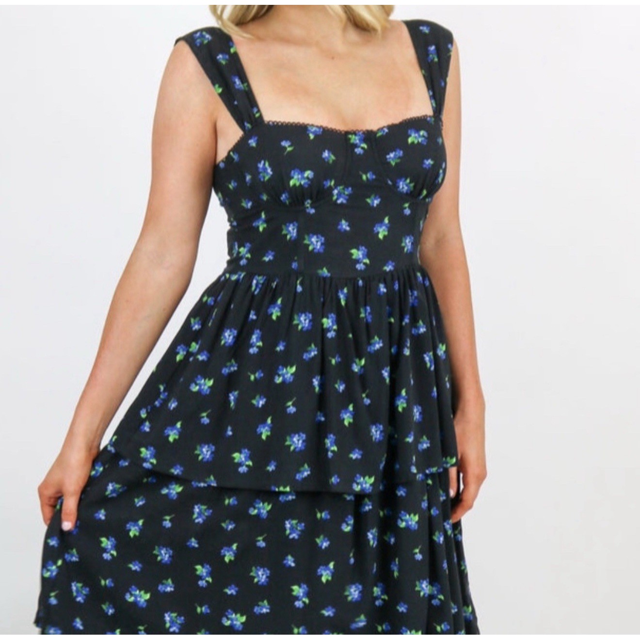 WeWoreWhat Corset Floral Print Tiered Midi Dress XS Black Blue Green Print Lined