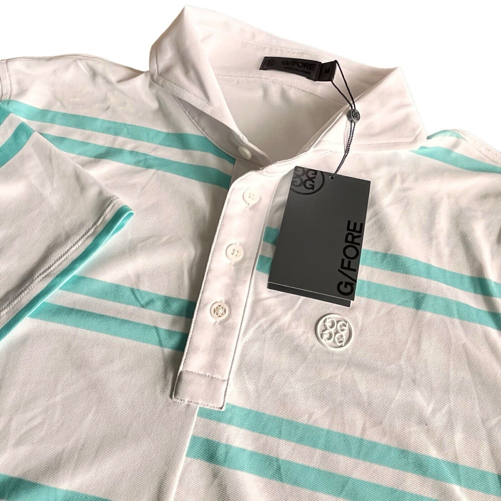NEW G/Fore Golf Shirt Mens Medium Polo Blue white striped Short Sleeve Pullover