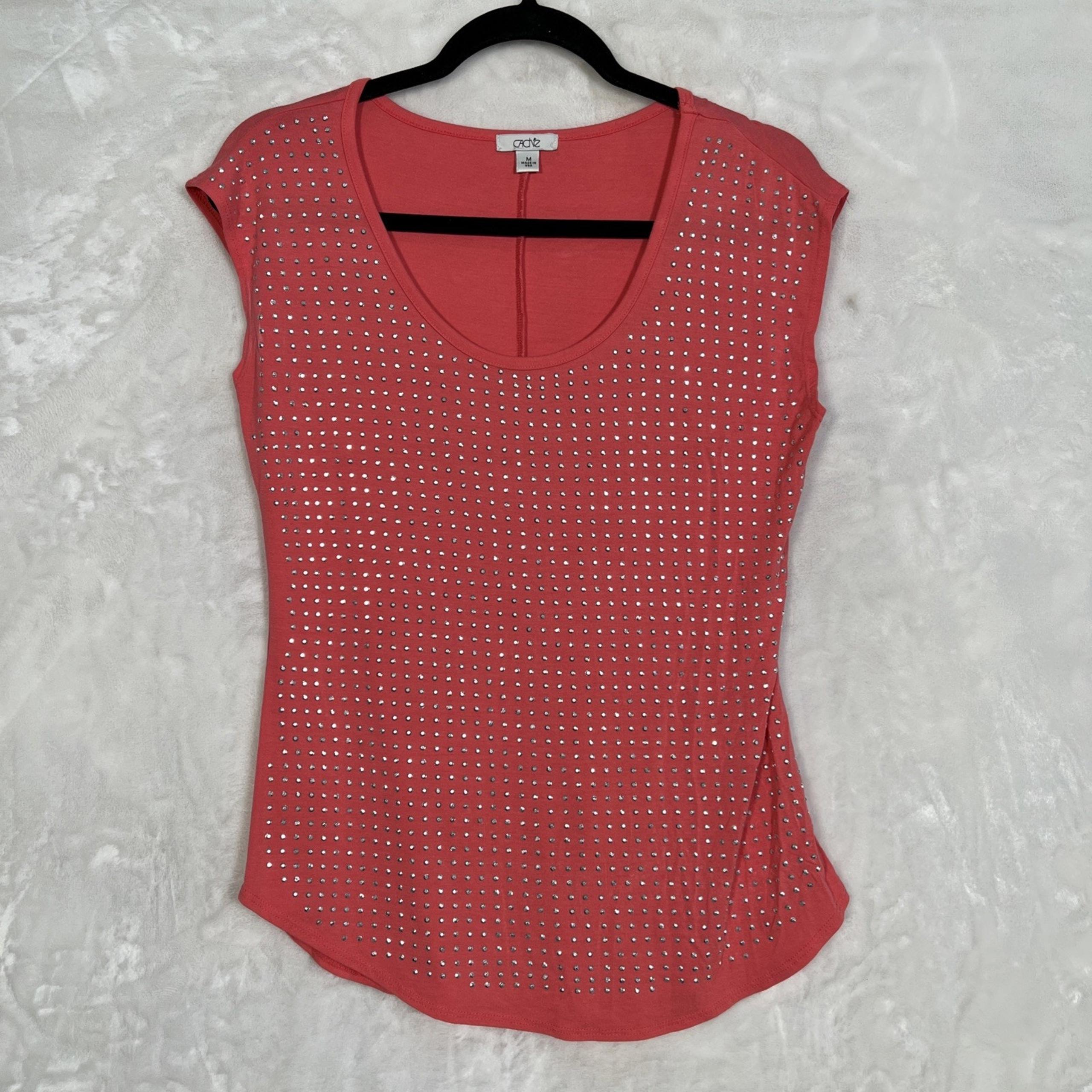 Cache Women's Medium Top Salmon Pink Silver Studded Sleeveless Stretch USA