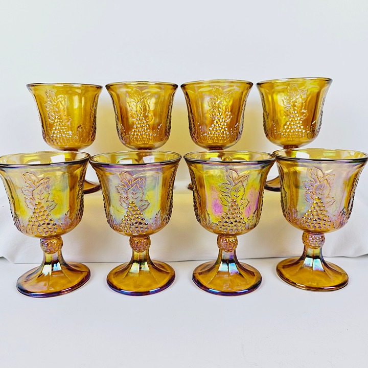 Vintage Indiana Glass Iridescent Harvest Gold Grapes/Leaves Wine Goblets Set/8
