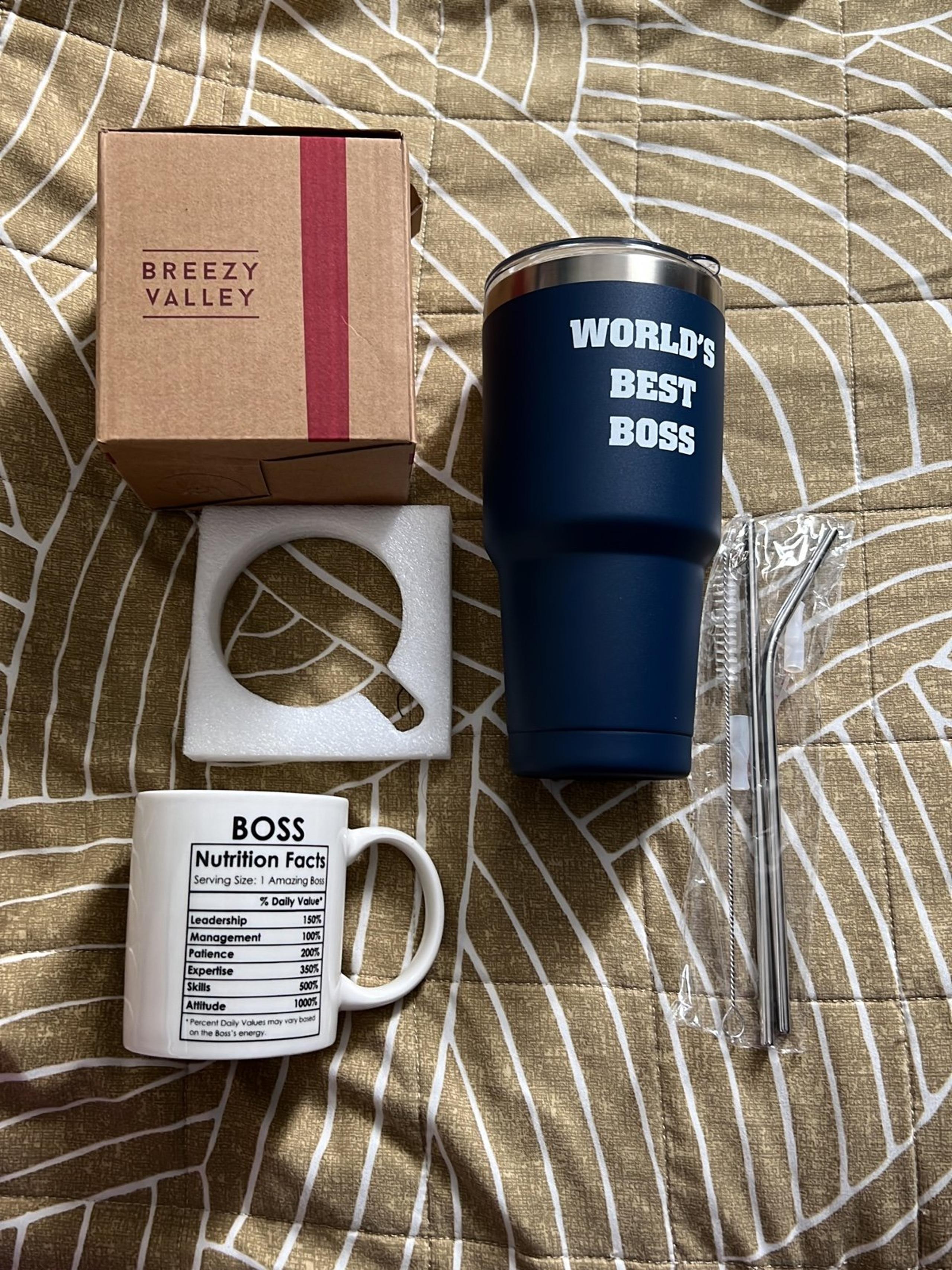 World’s BEST BOSS Coffee Mug Tumbler Thermos White Navy
