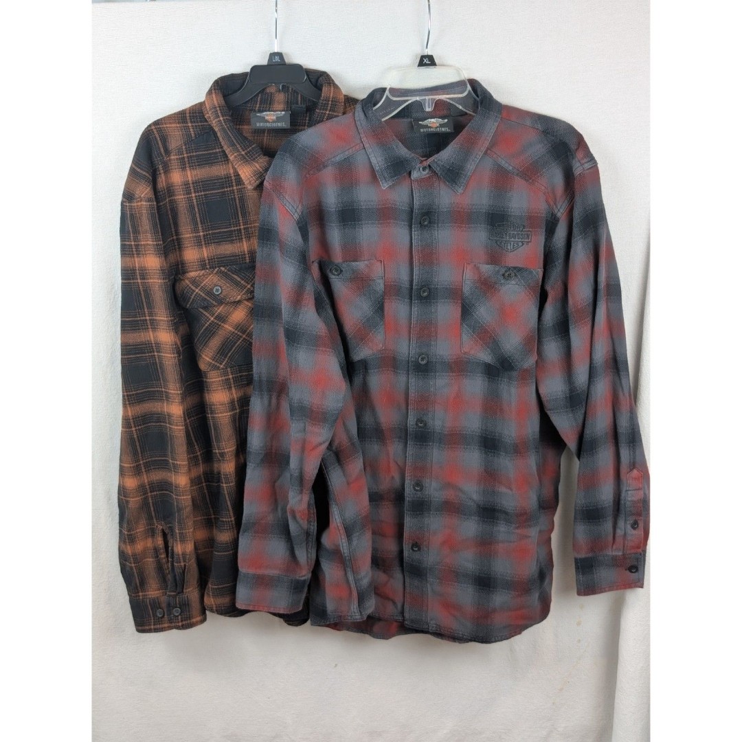 Lot of 2 Harley Davidson Embroidered Flannel Button Down Shirts Men's Size XL